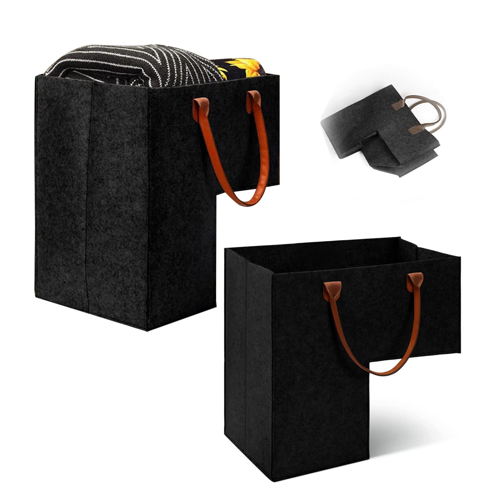 2-Pack Black L-Shaped Stair Storage Baskets with Leather Handles - Large Capacity Organizer for Laundry, Toys & Household Items | Perfect for Staircase, Closet & Bathroom Organization
