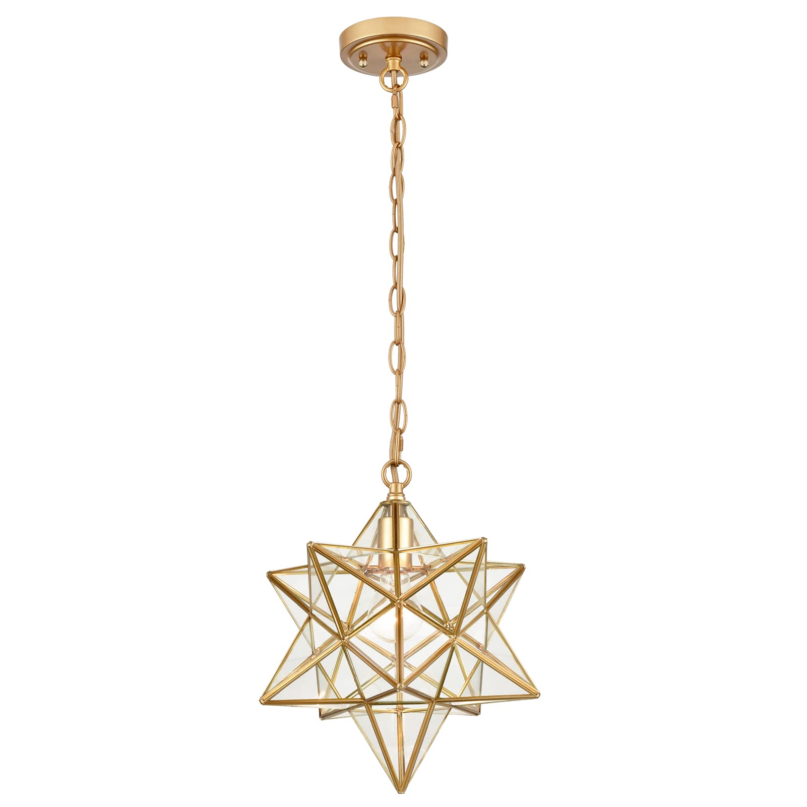Modern Brass Moravian Star Pendant Light - 14 Inch Clear Glass Shade for Dining Room, Bedroom & Living Room Lighting