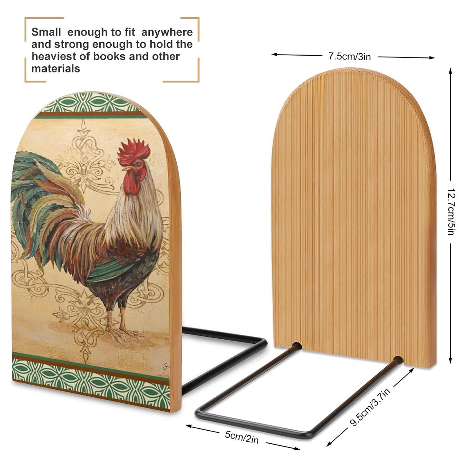 Decoupage Print Rooster Wooden Bookends - Handmade Desktop Book Stand & Books Holder for Home Office, Library, School, Study, Bedroom Decor - Perfect for Organizing Books, Displaying Collectibles, and Adding Farmhouse Charm to Any Room