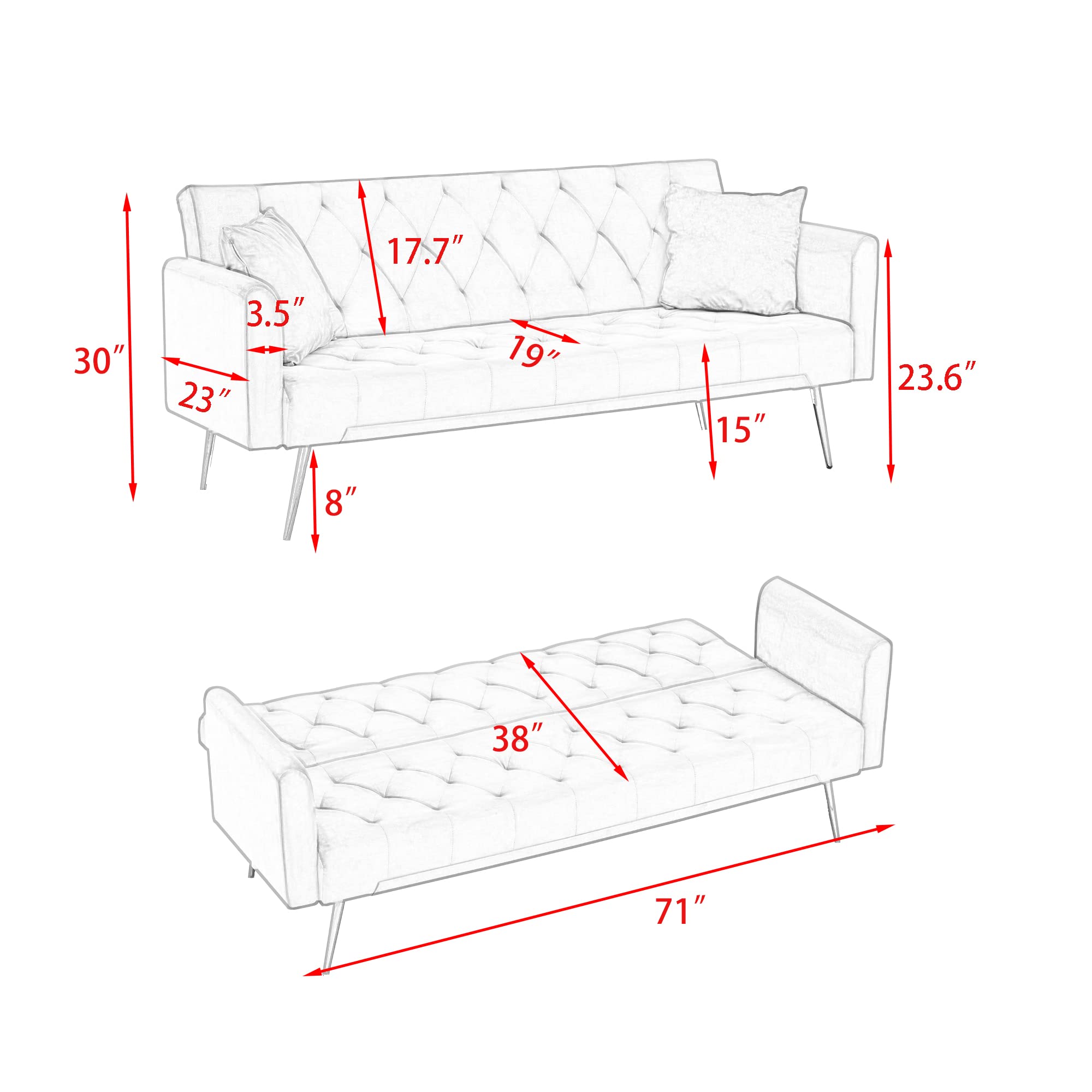 Modern Velvet Sofa Bed Futon - 2-in-1 Convertible Sleeper Couch with Golden Metal Legs & 2 Pillows - Space-Saving Folding Recliner Loveseat for Small Apartments, Living Room, Office, Guest Room (Pale Blue) - Perfect for Studio Living, Overnight Guests & Multi-Functional Spaces