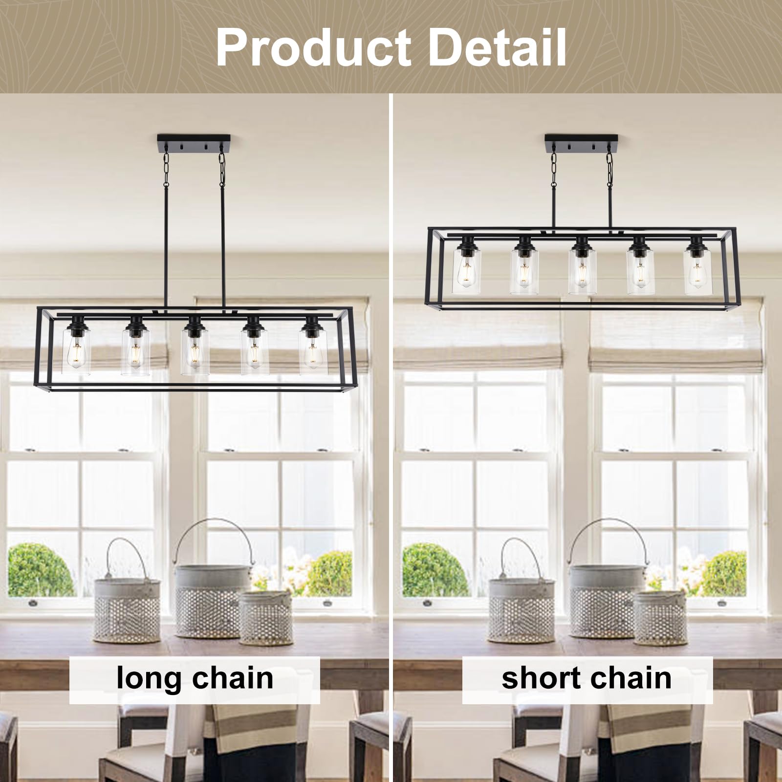 Black Farmhouse 5-Light Chandelier with Clear Glass - Kitchen Island Lighting & Dining Room Ceiling Fixture - Perfect for Farmhouse, Rustic, and Modern Dining Areas