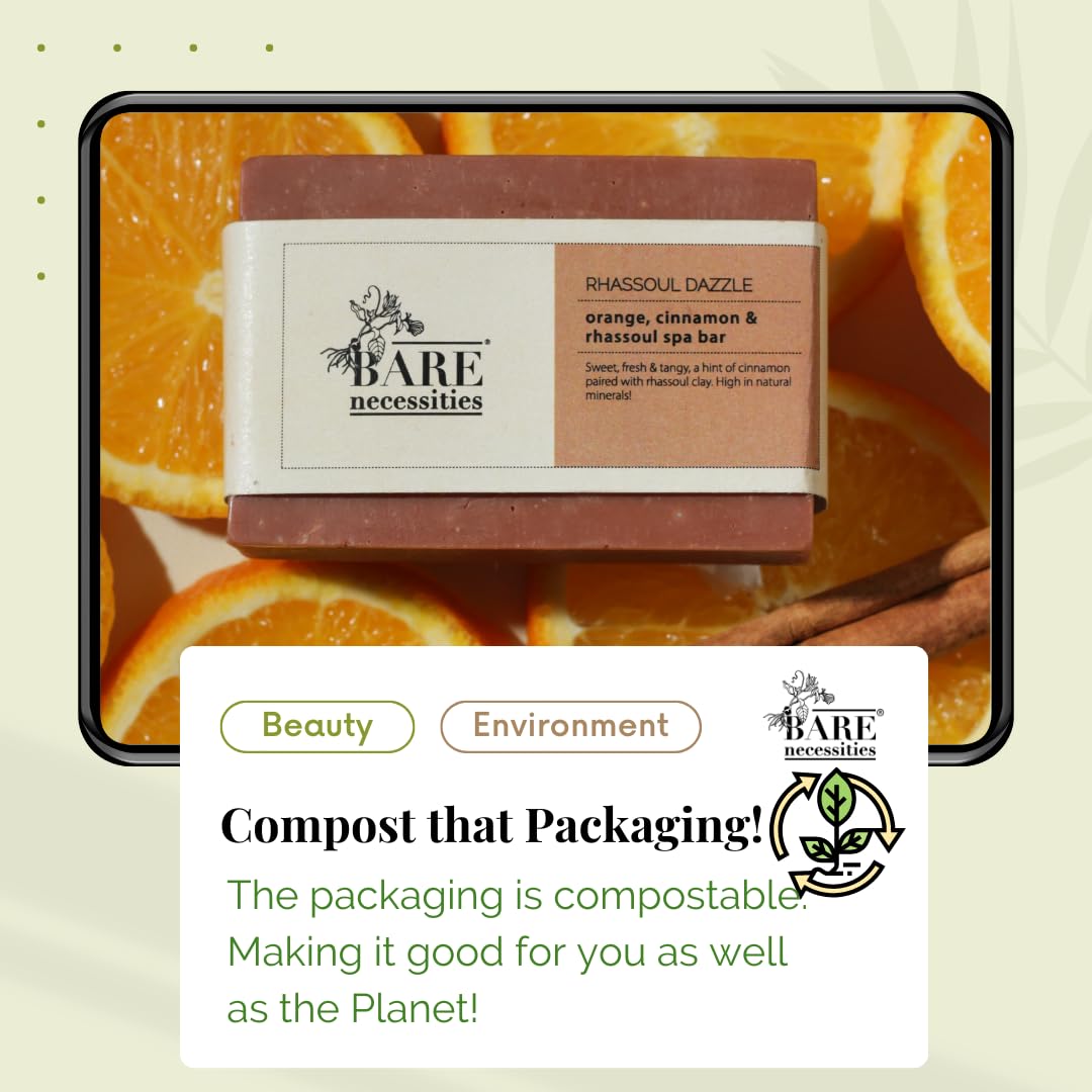 Bare Necessities Rhassoul Dazzle Handmade Soap Bar - Natural Orange & Cinnamon Scented Cold Processed Soap for Men & Women (75g) | Moisturizing Bath Soap for Dry & Sensitive Skin | Perfect for Daily Shower, Spa Day & Gift Giving