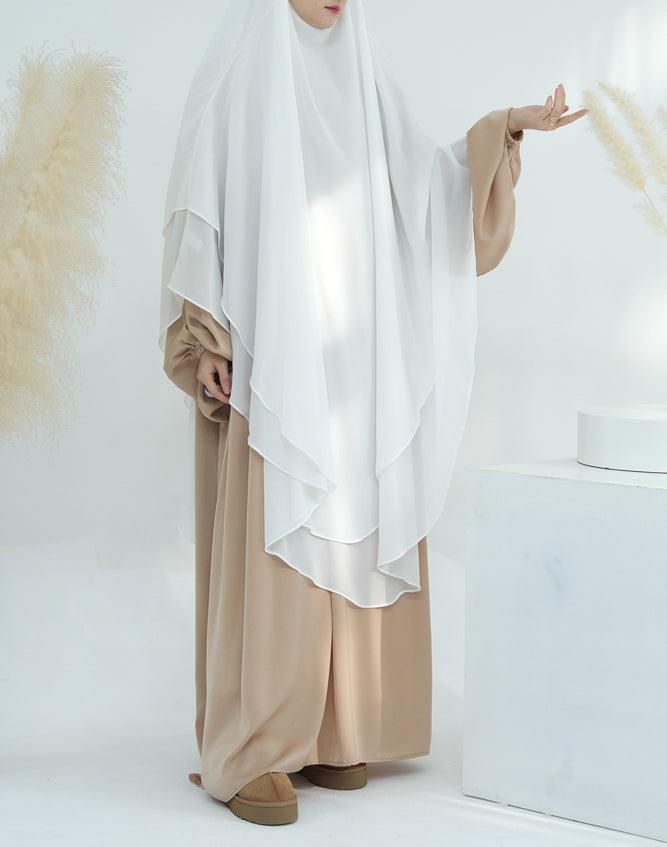 Extra Long Two Layer Chiffon Khimar Scarf - Elegant White Muslim Prayer Shawl for Women | Perfect for Hijab, Prayer, and Special Occasions