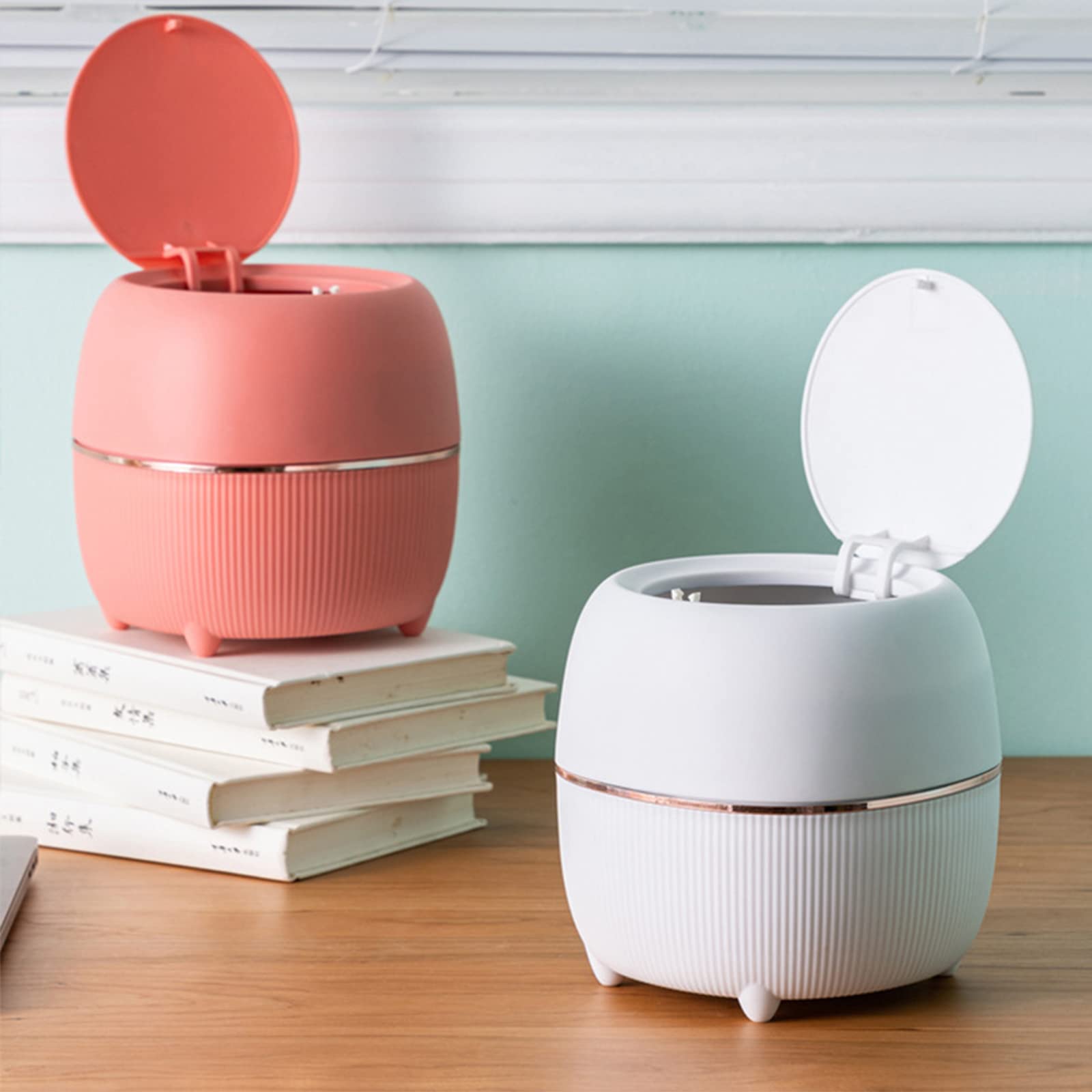 Modern Mini Trash Can with Lid - Small Press-Type Waste Basket for Office Desk, Kitchen Counter, Coffee Table & Bathroom - White Plastic Garbage Bin for Home & Office Organization