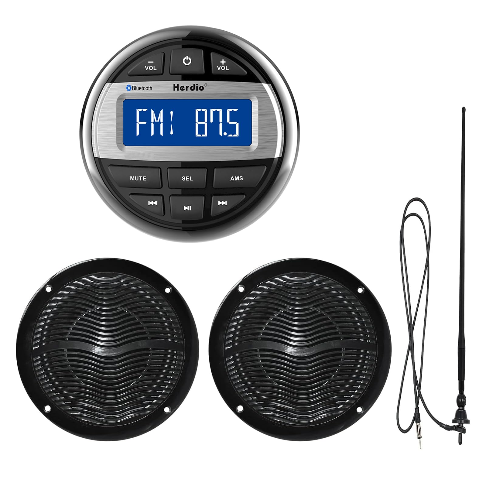 Herdio Marine Bluetooth Radio Speaker Set - 6.5 Inch Waterproof Flush Mount Ceiling Speakers with Marine Gauge Head Unit & Flexible Rubber FM/AM Antenna | Perfect for Boats, Yachts, and Marine Entertainment Systems