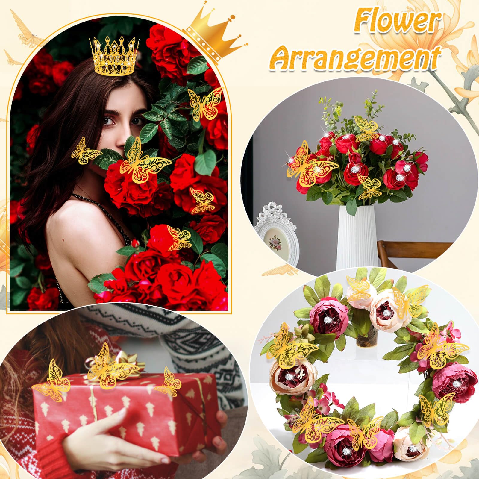 Premium Gold Bouquet Crowns Set - 4PCS Floral Crowns, 12PCS Butterfly Decorations & 50PCS Flower Pins for Wedding Bouquets, Birthday Arrangements, Baby Shower Flowers - Elegant Floral Accessories for Special Occasions