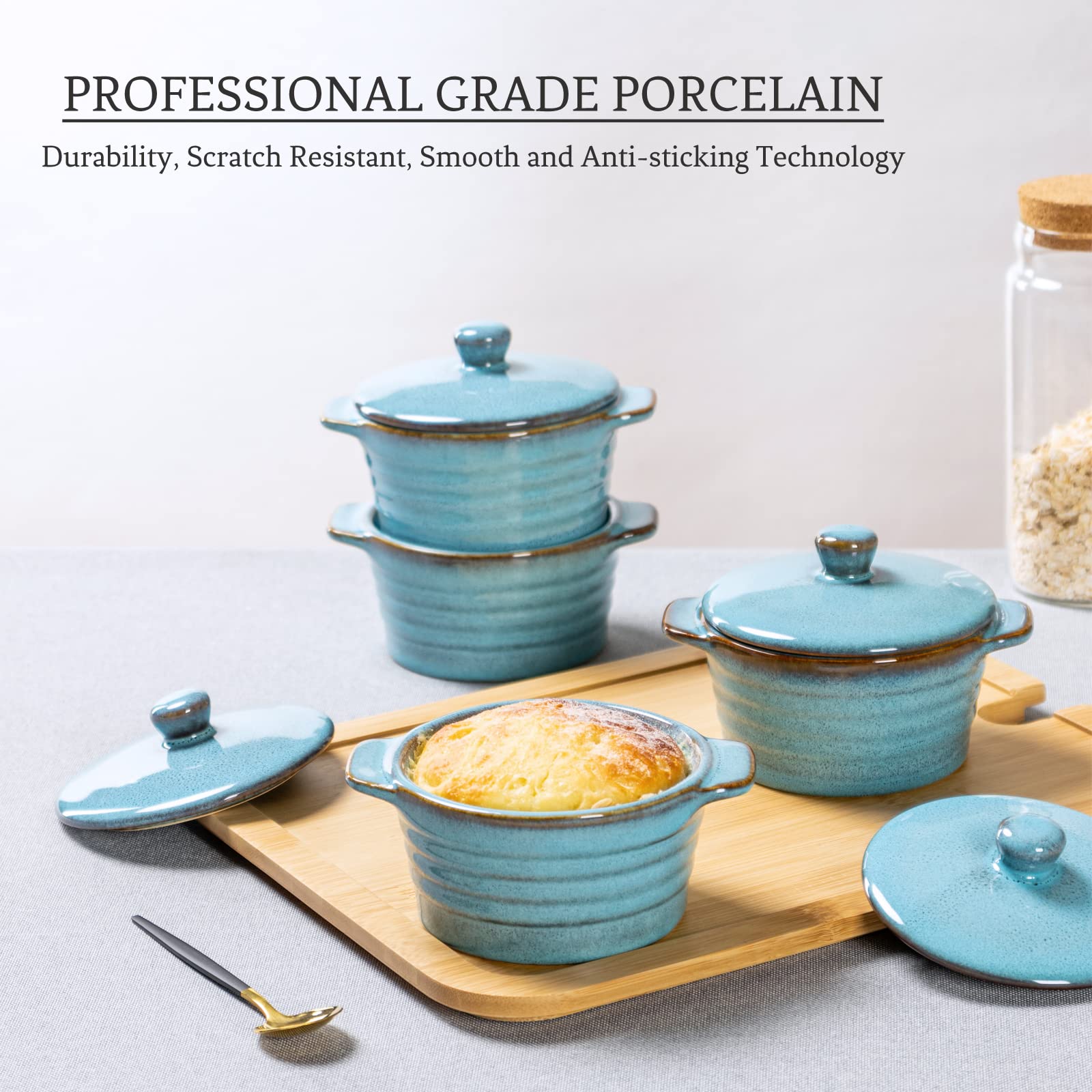 8 oz Creme Brulee Ramekins with Lids - Oven Safe Ceramic Bowls for French Onion Soup, Souffle & Pot Pie - Set of 4 Mini Covered Casserole Dishes in Reactive Blue | Perfect for Baking, Serving & Entertaining