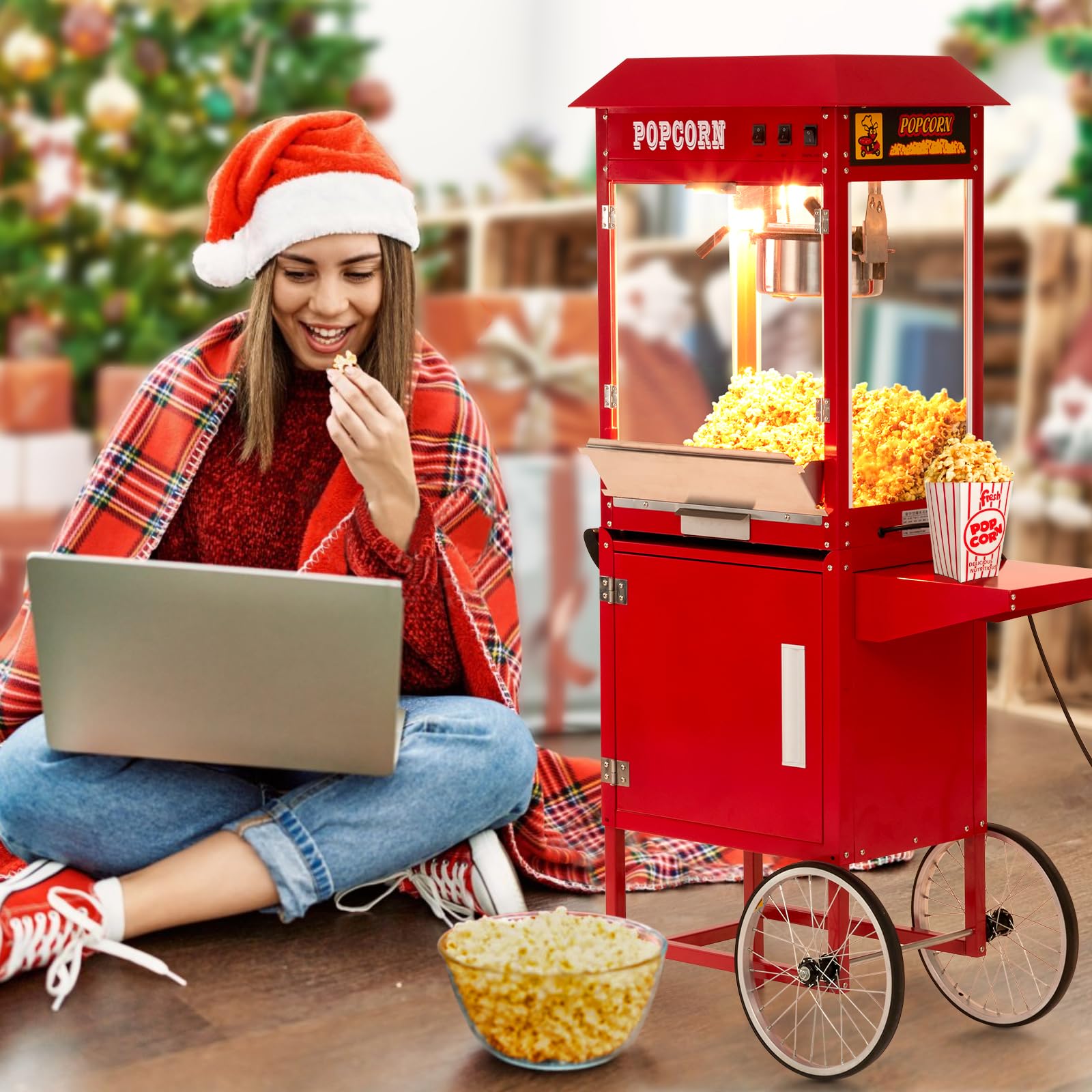 Commercial Popcorn Machine with Cart & 10 Oz Kettle - Makes 64 Cups, 3-Switch Control, Theater Style Popper for Movie Nights, Parties & Concessions