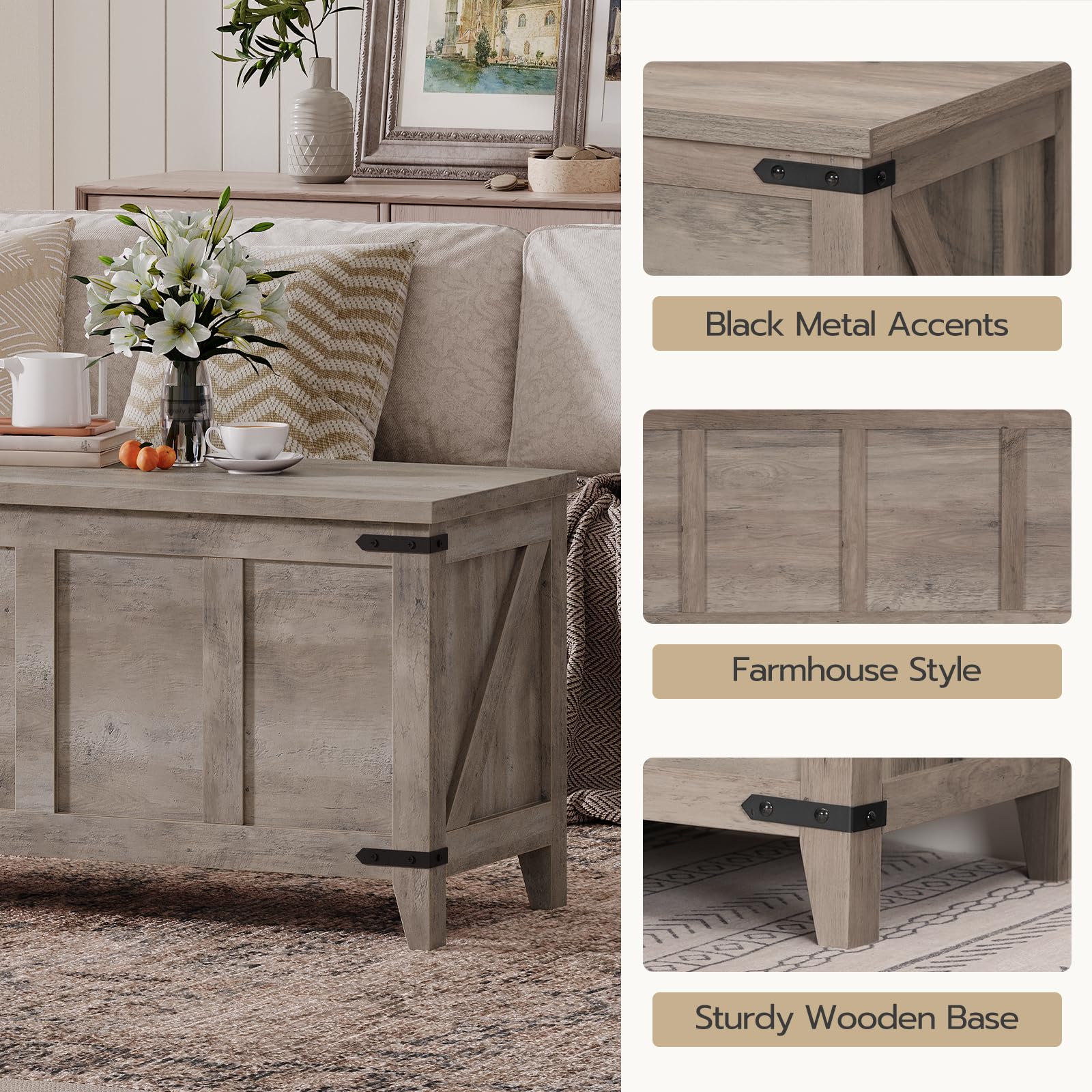 HOOBRO Farmhouse Toy Storage Bench with Geometric Front, 47.2