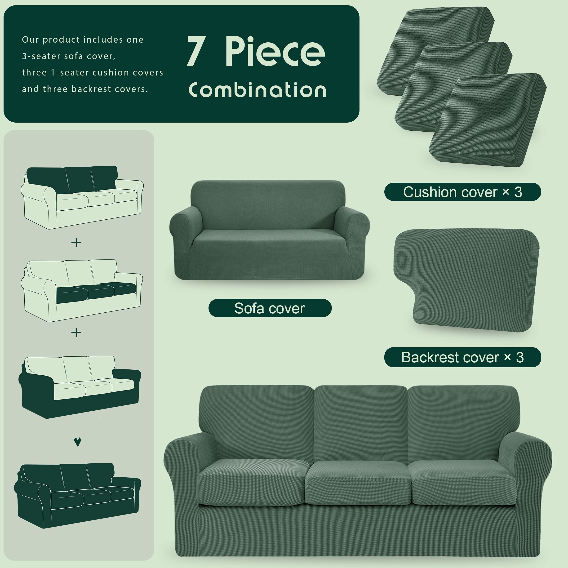 7-Piece Stretch Sofa Slipcover for 3-Cushion Couch - Washable Anti-Slip Furniture Protector with 3 Separate Backrest Covers | Perfect for Pet Owners & Home Decor (Large, Dark Cyan)