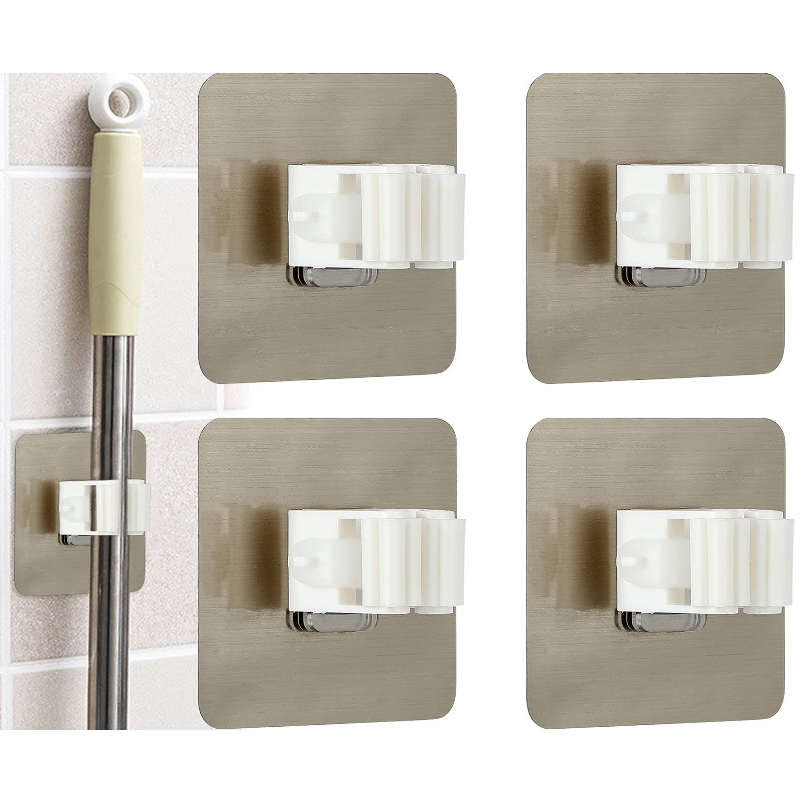 Self-Adhesive Broom Holder Wall Mount - No Drill Split Type Mop Organizer with Super Anti-Slip Design - 4 Pack Space Saving Tool Storage for Kitchen, Garage, Garden & Home Cleaning Organization (Perfect for Small Spaces & Clutter-Free Walls)