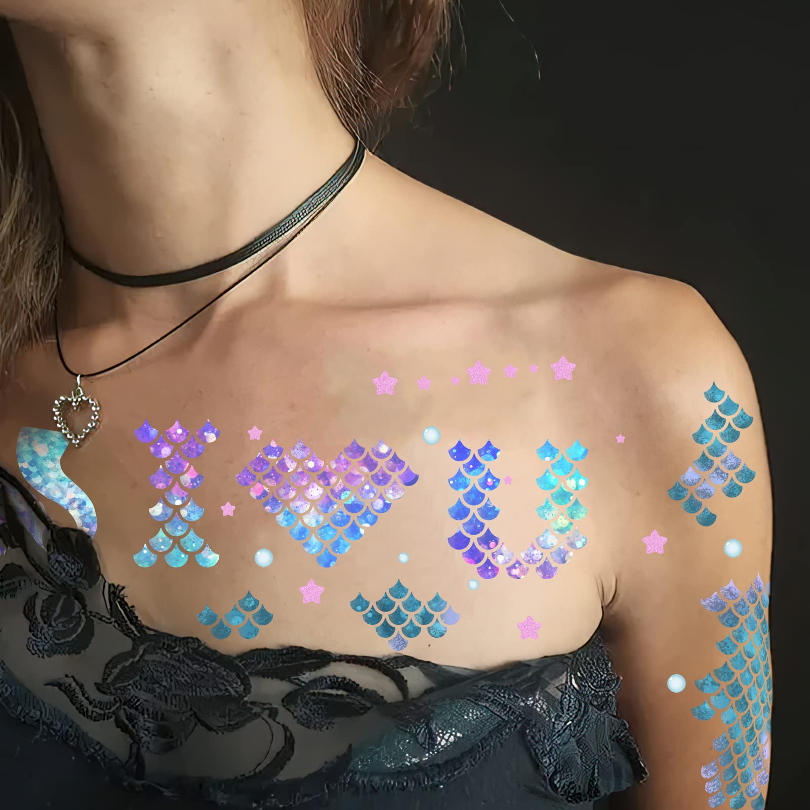 Mermaid Scale Temporary Tattoos - 12 Sheets Waterproof Fake Tattoo Stickers for Kids & Adults | Mermaid Party Decorations, Costume Accessories, Festival Body Art