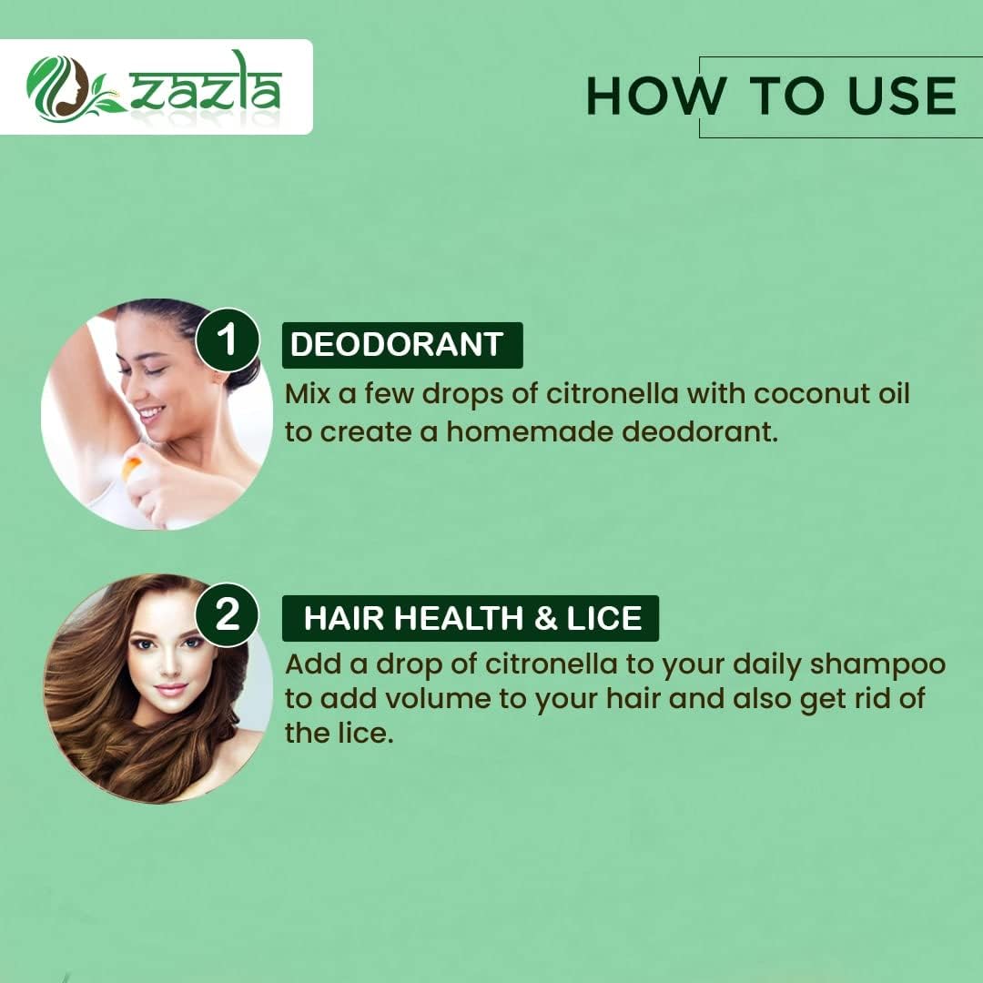 Zazla 100% Pure Citronella Essential Oil - Natural Undiluted Therapeutic Grade for Healthy Hair, Oily Skin, Acne & Aromatherapy | Perfect for Diffusers, Massage & DIY Beauty Products
