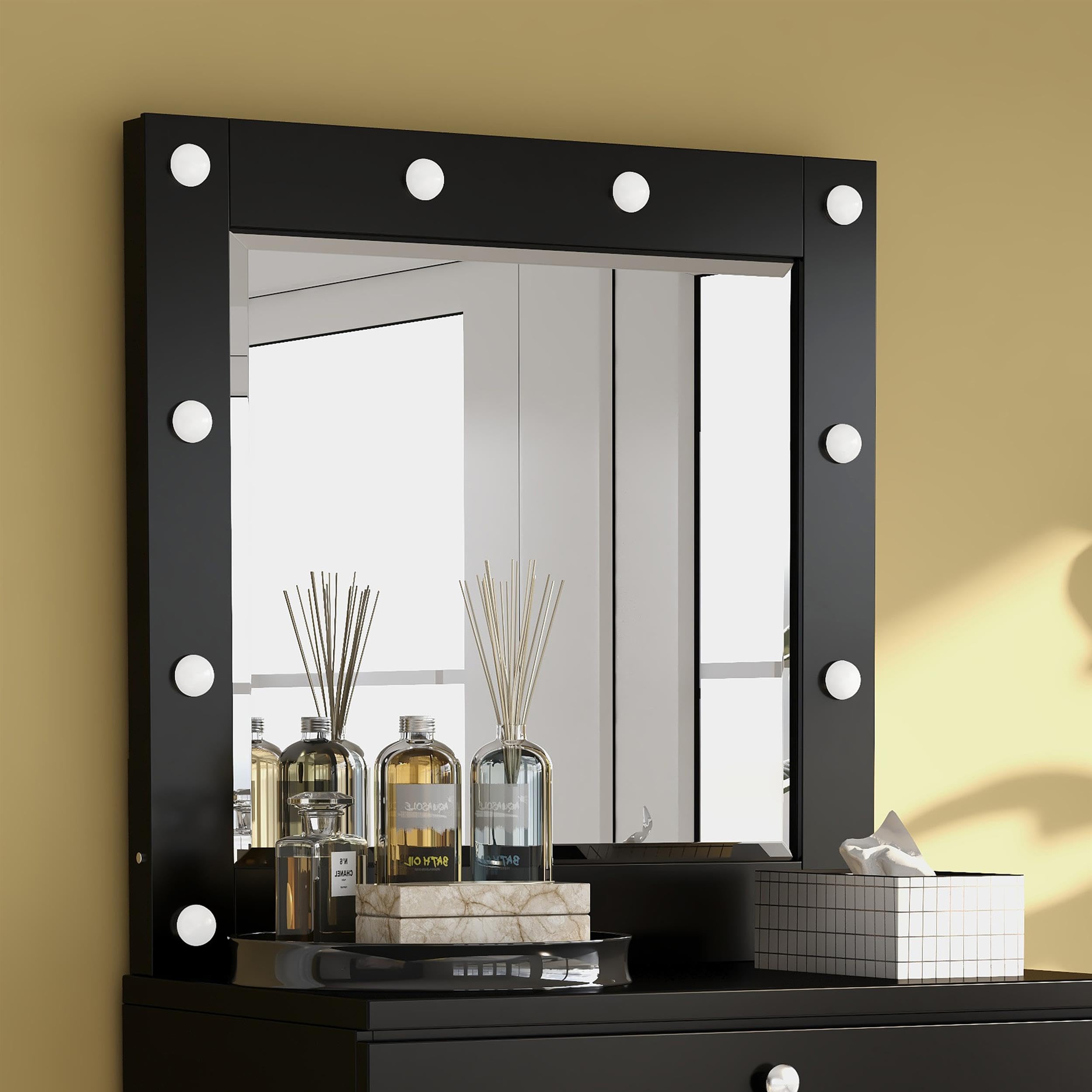 Furniture of America Lita Contemporary Wood Vanity Mirror with LED Bulbs - Black Modern Dressing Mirror for Bedroom & Bathroom Makeup Station