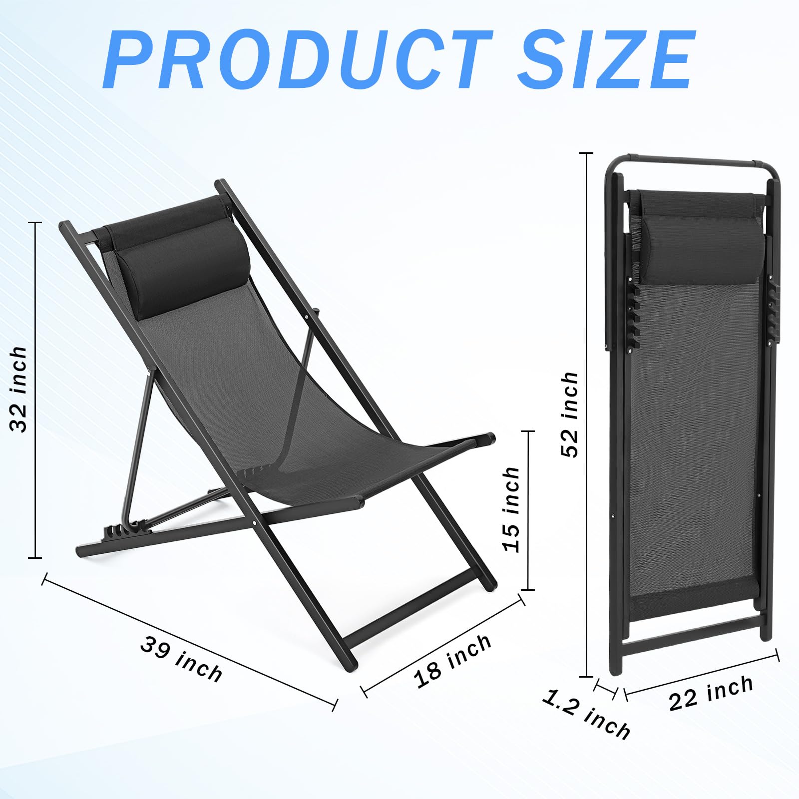 2 Pack Foldable Outdoor Lounge Chairs with Headrest - Adjustable 5-Level Height Aluminum Reclining Sling Chairs for Patio, Beach, Pool, Camping, Garden & Yard - Portable & Lightweight (Black) | Perfect for Relaxing, Sunbathing & Outdoor Lounging