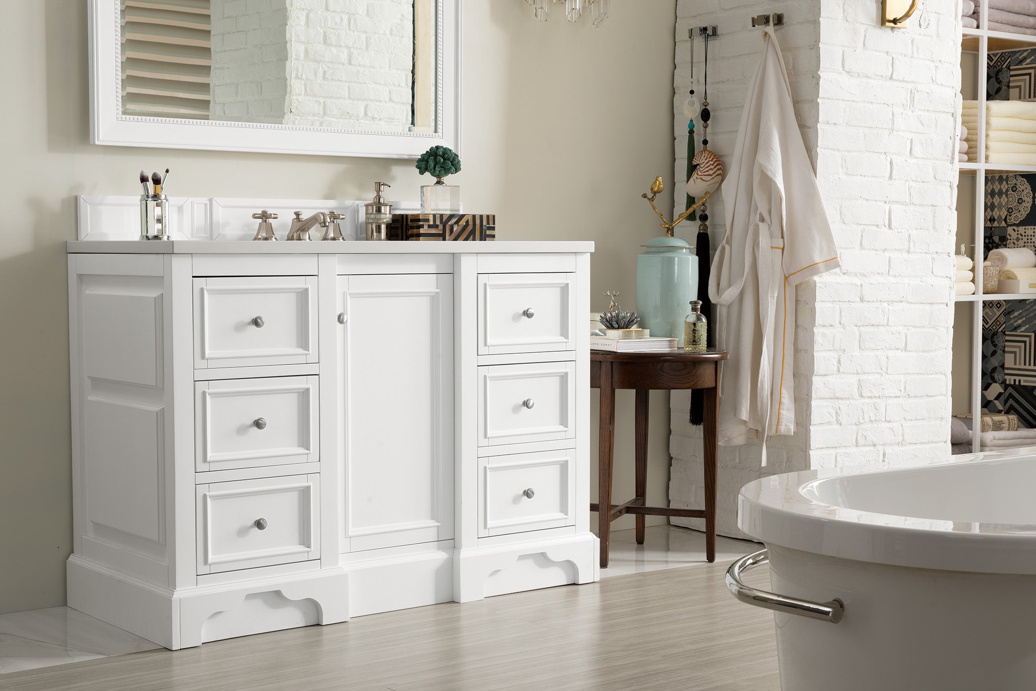 De Soto 48 Inch Single Bathroom Vanity with White Zeus Quartz Top - Bright White Finish for Modern Bathrooms | Perfect for Small Spaces & Guest Bathroom Remodels