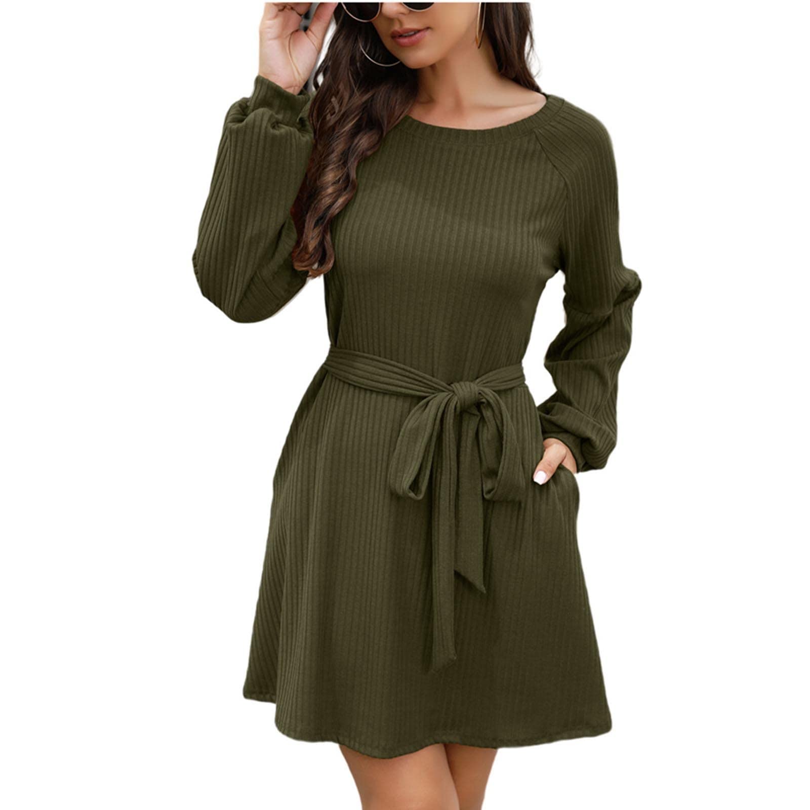 Elegant Women's Casual Knit Belt Solid Color Long Sleeve Dress for Spring | Office Wear, Date Night & Everyday Outfits