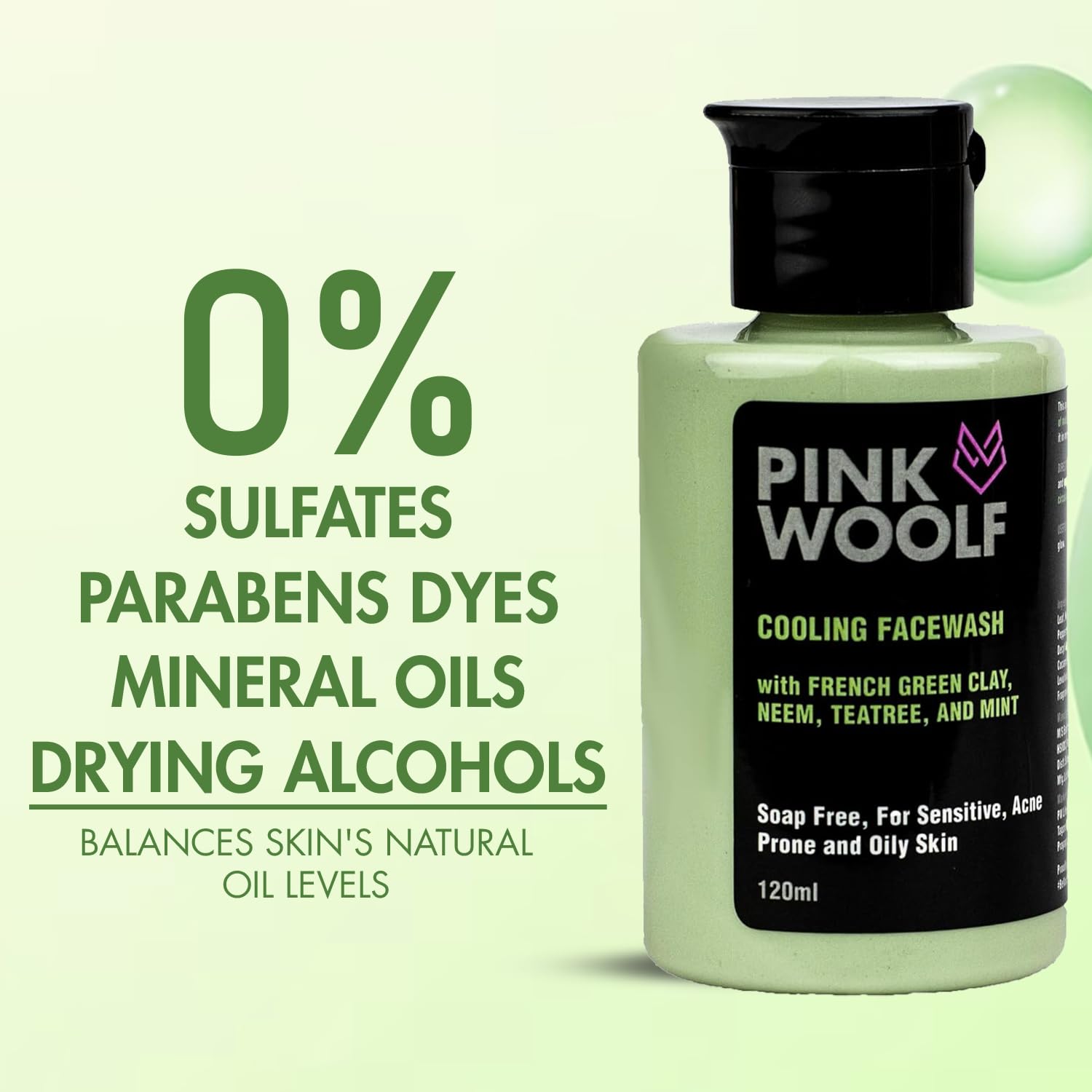Pink Woolf Cooling Face Wash with French Green Clay, Neem, Tea Tree & Mint - Oil-Free & Soothing Cleanser for Sensitive, Acne-Prone & Oily Skin - 120ml (Pack of 1) | Perfect for Daily Skincare Routine & Post-Workout Refreshment