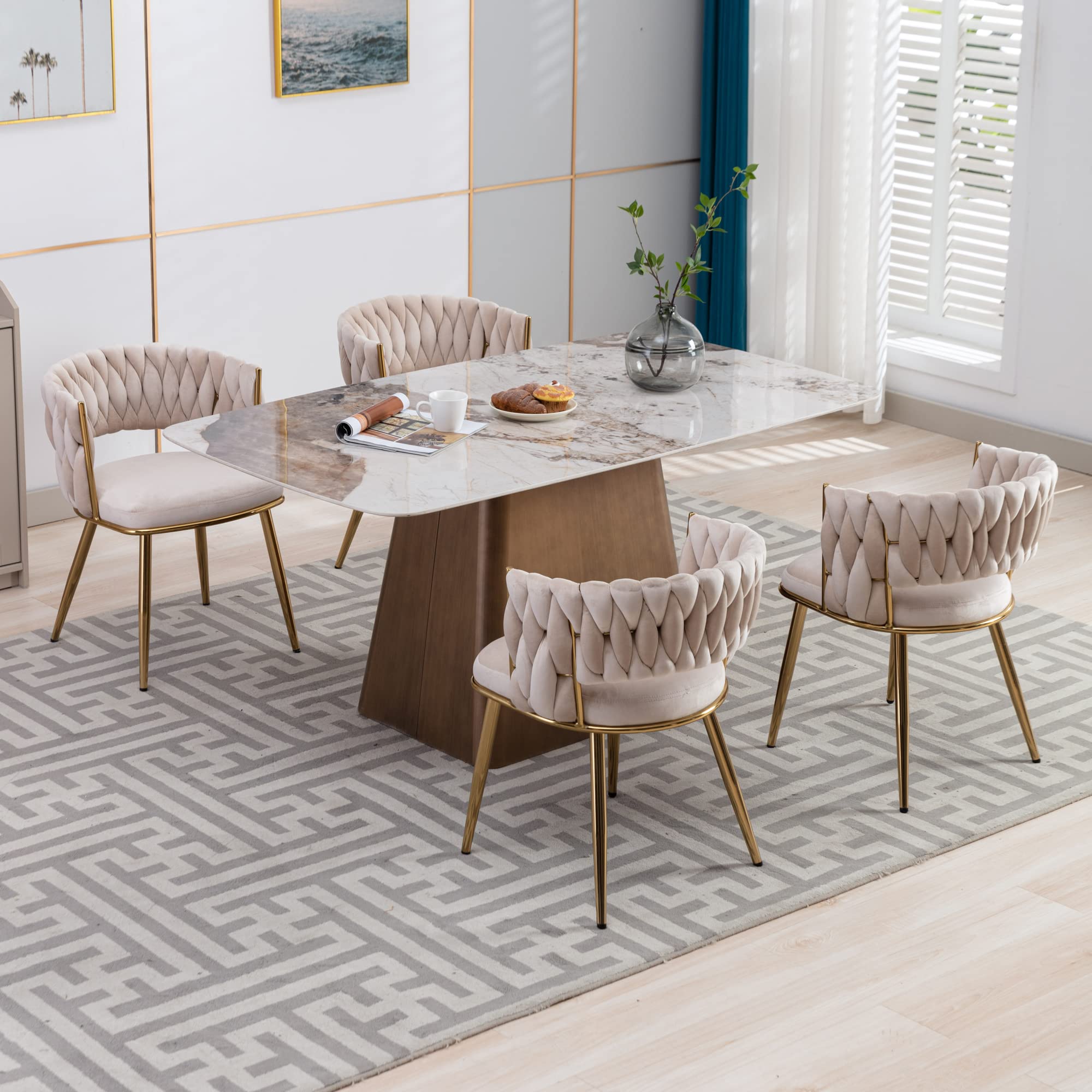KCC Modern Velvet Dining Chairs Set of 4 - Upholstered Living Room Chairs with Woven Back & Gold Metal Legs - Mid Century Accent Side Chairs for Dining Room, Kitchen, Office - Soft Beige Velvet Fabric - Perfect for Home Decor, Entertaining Guests & Comfortable Seating