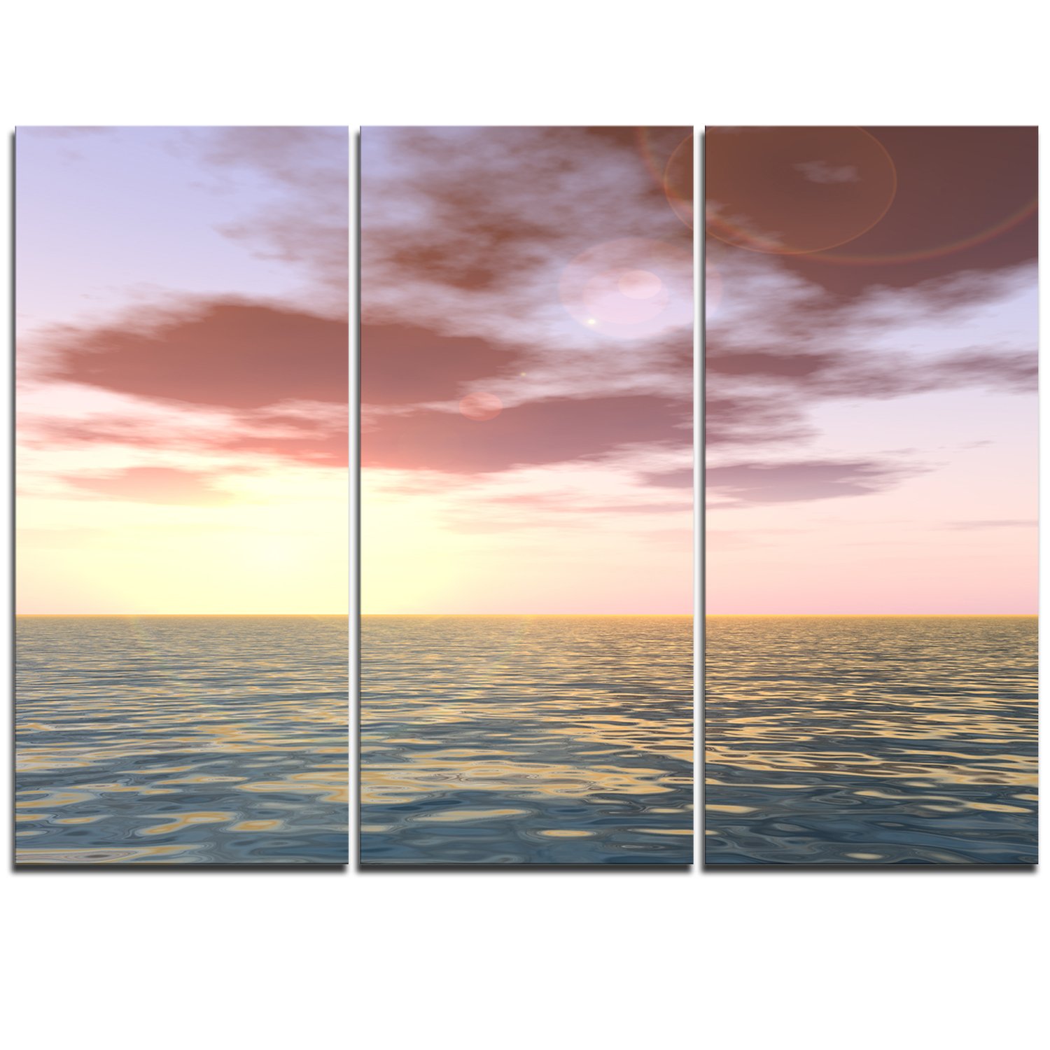 Designart MT10525-3P Purple Tinged Atlantic Seashore Metal Wall Art Set - 3 Panels (36x28 Inches) - Coastal Blue Ocean Decor for Living Room, Bedroom & Office