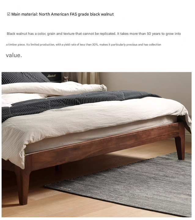 Premium Black Walnut Solid Wood Bed Frame - Queen Size Platform Bed with Soft Upholstered Headboard | Modern Bedroom Furniture for Master & Guest Rooms