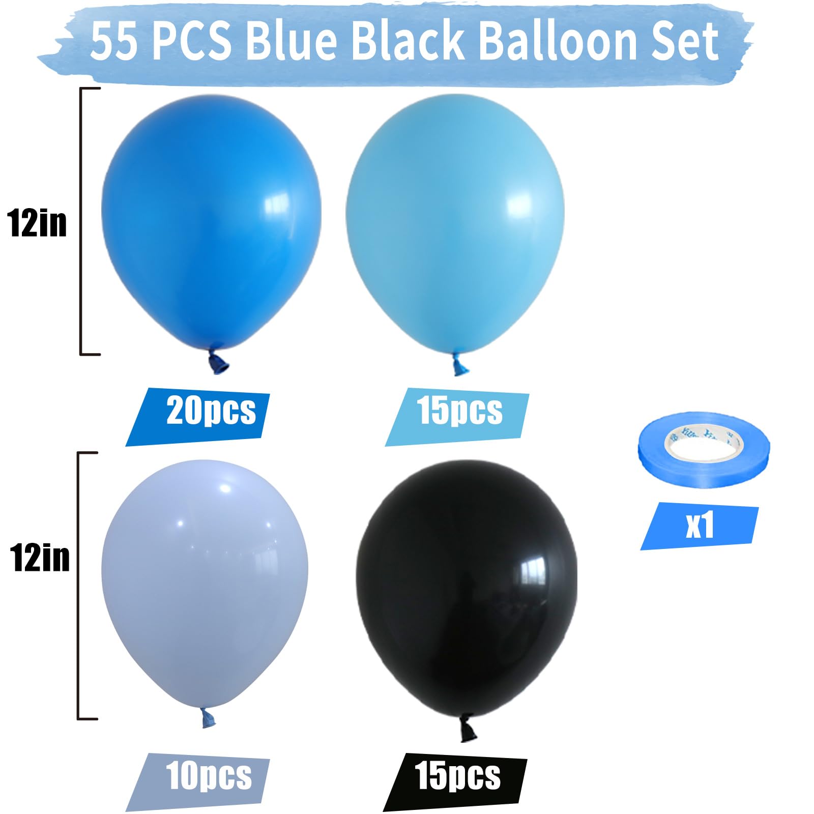 60 Pcs Blue and Black Balloons Set - 12 Inch Baby Blue & Dark Blue Gamer Balloons for Video Game Party Decorations, Kids Birthday Party Supplies, Baby Shower & Gender Reveal Decor