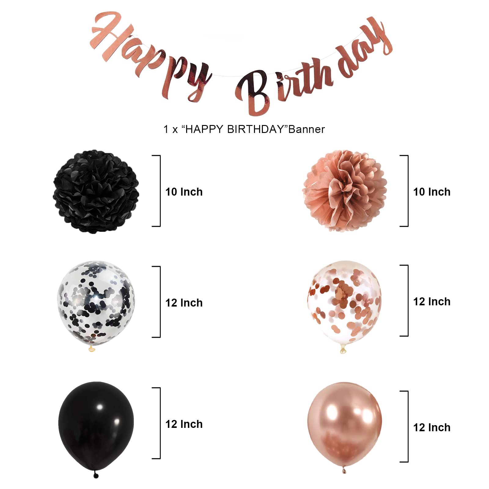 Elegant Rose Gold & Black Birthday Party Decorations Set - Happy Birthday Balloon Banner, Tissue Flowers & Balloons for 16th, 18th, 21st, 30th, 50th, 60th Birthday Celebrations - Perfect for Women & Girls' Milestone Parties, Baby Showers & Anniversary Events
