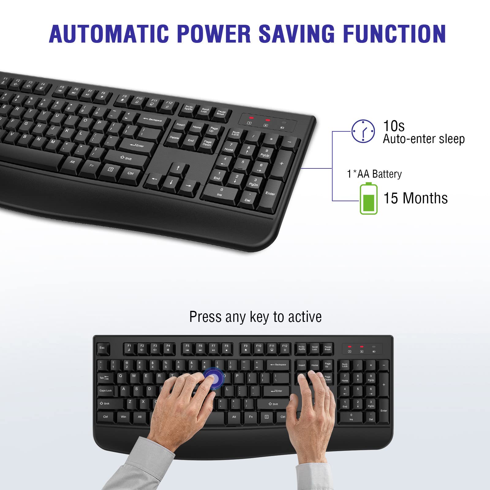 Ergonomic 2.4G Wireless Keyboard with Wrist Rest - Full-Sized Comfort for Windows & Mac - Perfect for Office, Home & Gaming (Black)