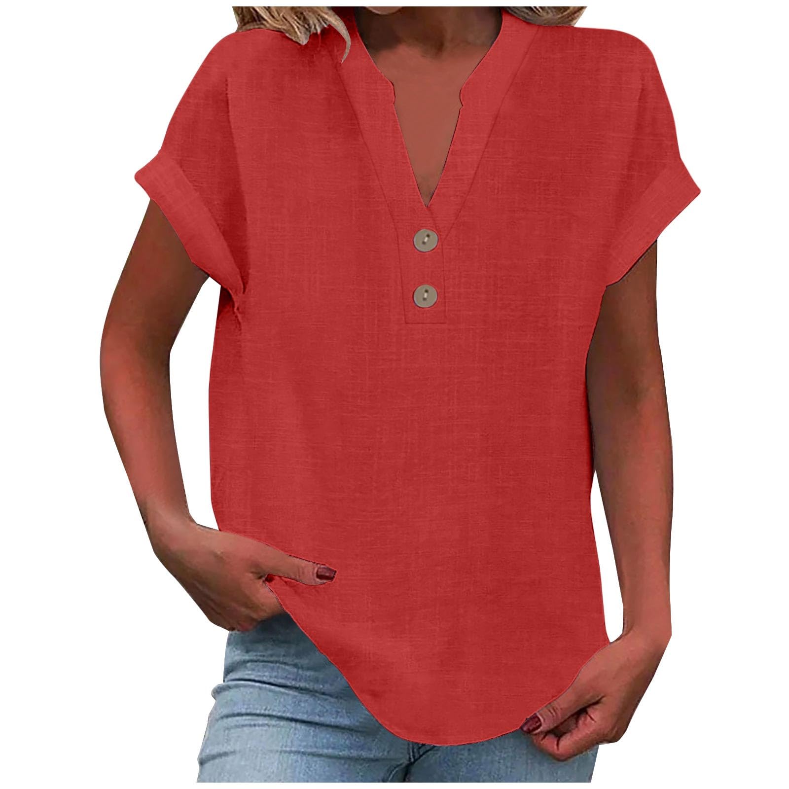 Women's Workout Tops - Fashion Solid Button V-Neck Loose T-Shirt Blouse for Gym, Yoga & Casual Wear | Breathable Comfort Shirt for Women