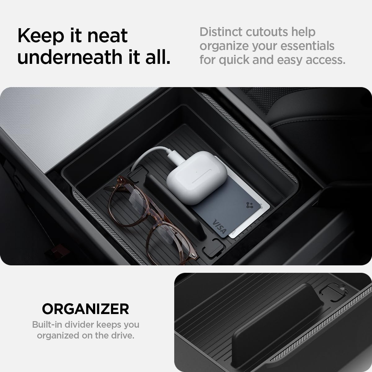 Spigen Premium Carbon Edition Armrest Console Organizer for Tesla Model Y 2025 (Juniper) & Model 3 2024-2025 (Highland) - Car Accessories Storage Solution for Phones, Wallets & Essentials