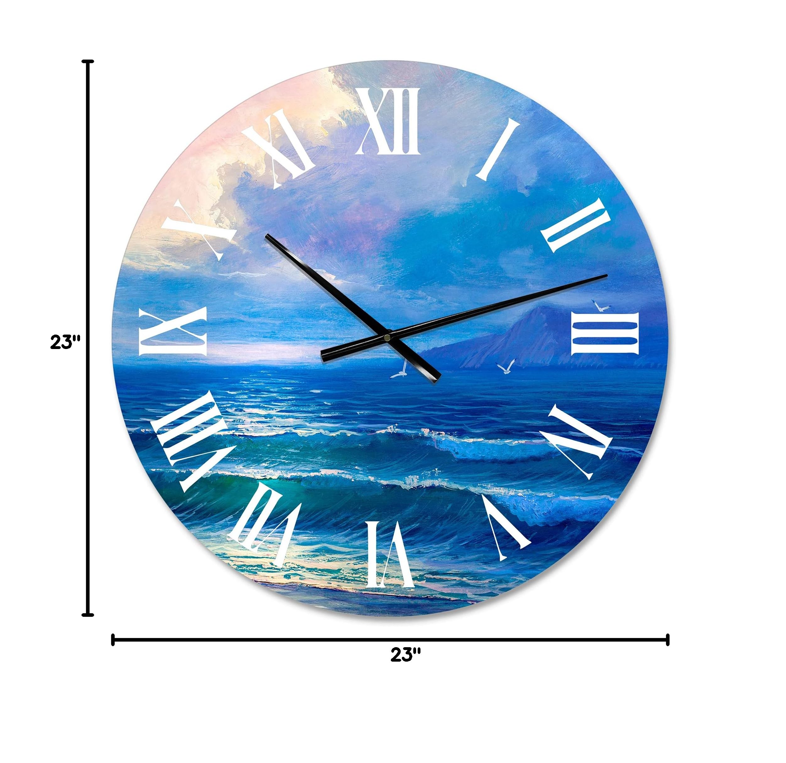 DesignQ Nautical Coastal Wall Clock - 'Morning Sunlight on Sea Waves' Blue Round Clock for Living Room, Kitchen, Office & Beach House Decor | Silent Non-Ticking, Battery Operated