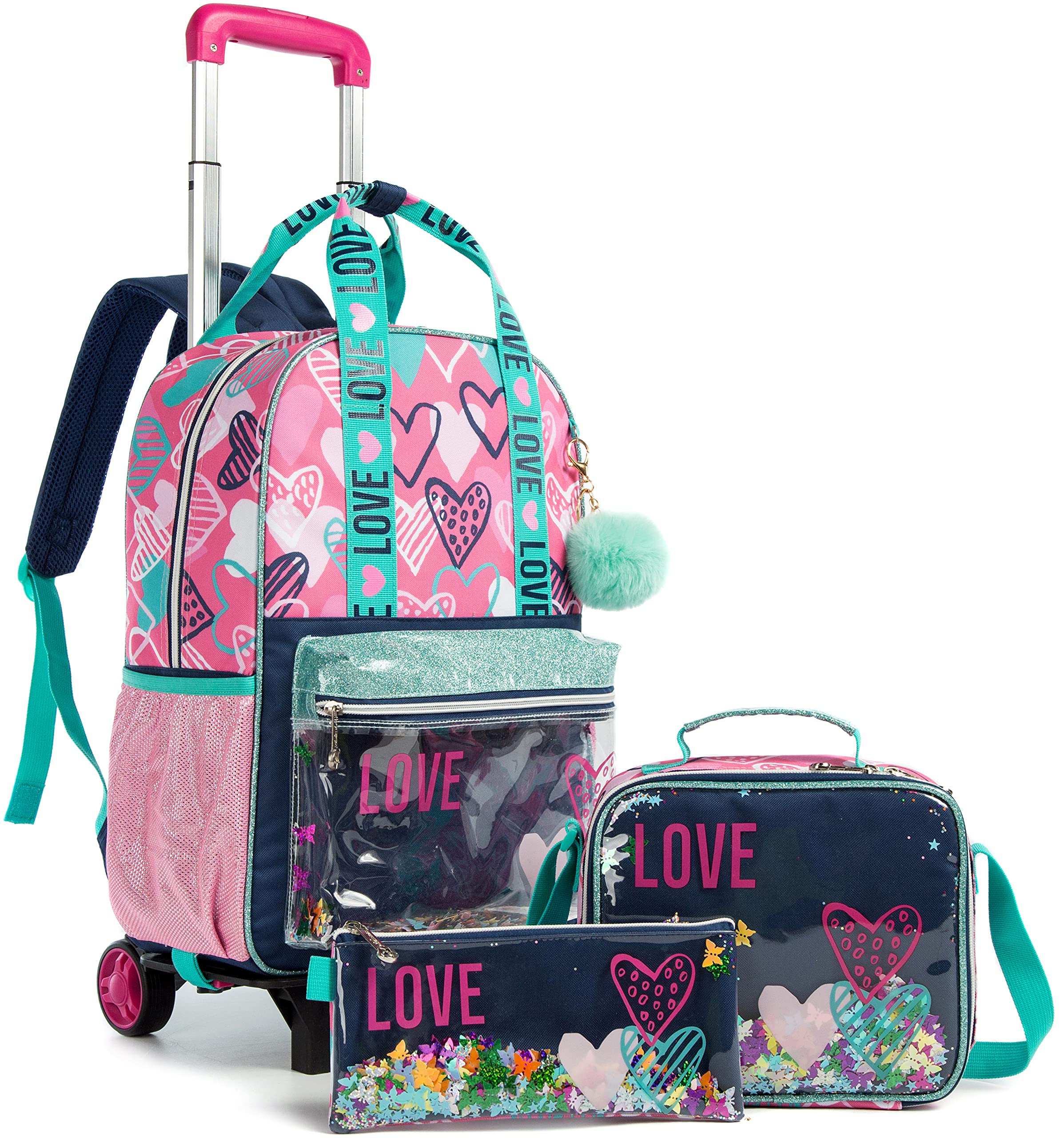 **Egchescebo Girls Rolling Backpacks - 3-Piece Set with Wheels, Lunch Box & Pencil Case, Pink Canvas School Backpack for Travel & Daily Use**    *Perfect for School, Travel, and Everyday Adventures!*