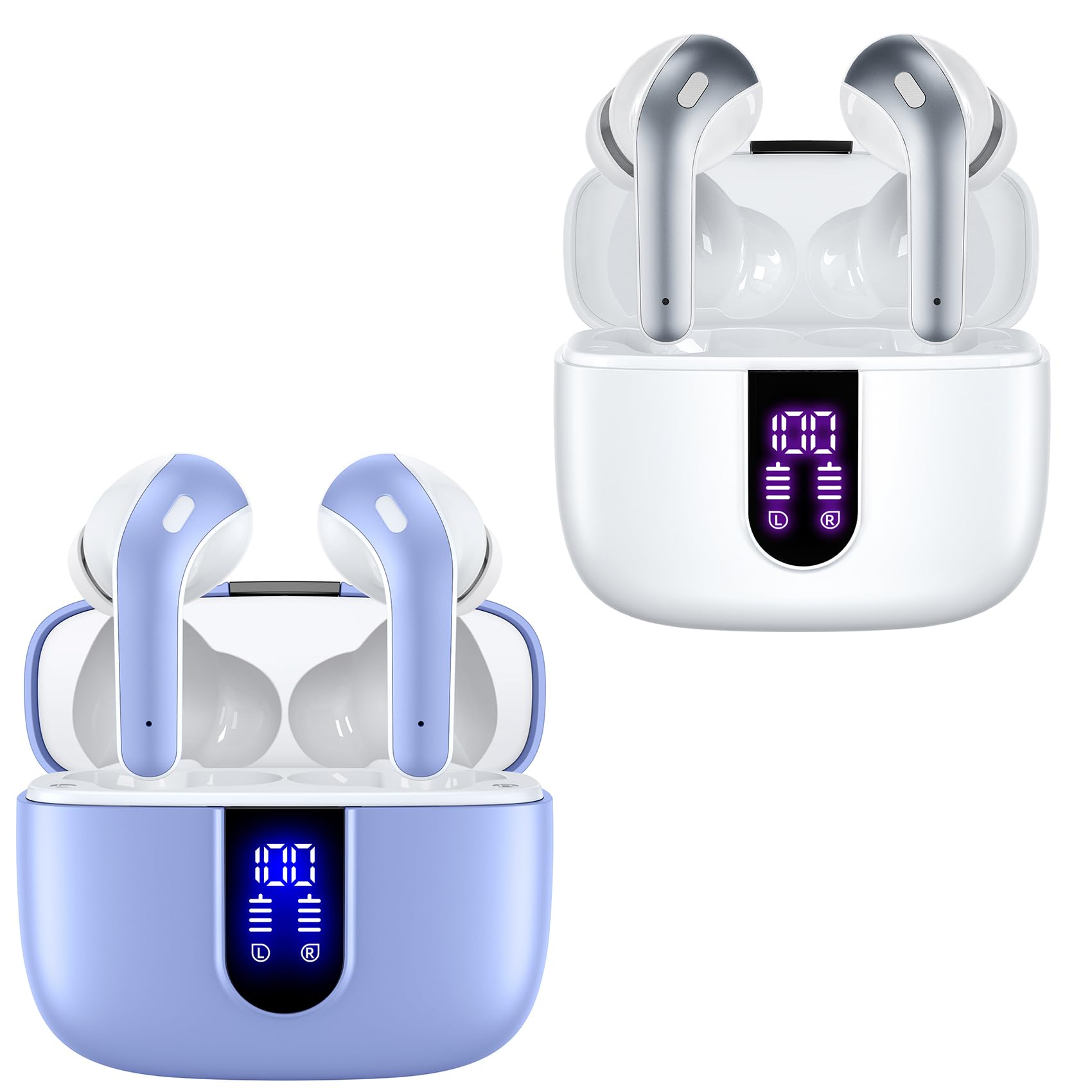 TAGRY 2 Pairs X08 True Wireless Bluetooth Earbuds - White & Purple, 60H Playtime, Wireless Charging Case, Built-in Mic, In-Ear Headphones for Gym, Running, Work & Travel