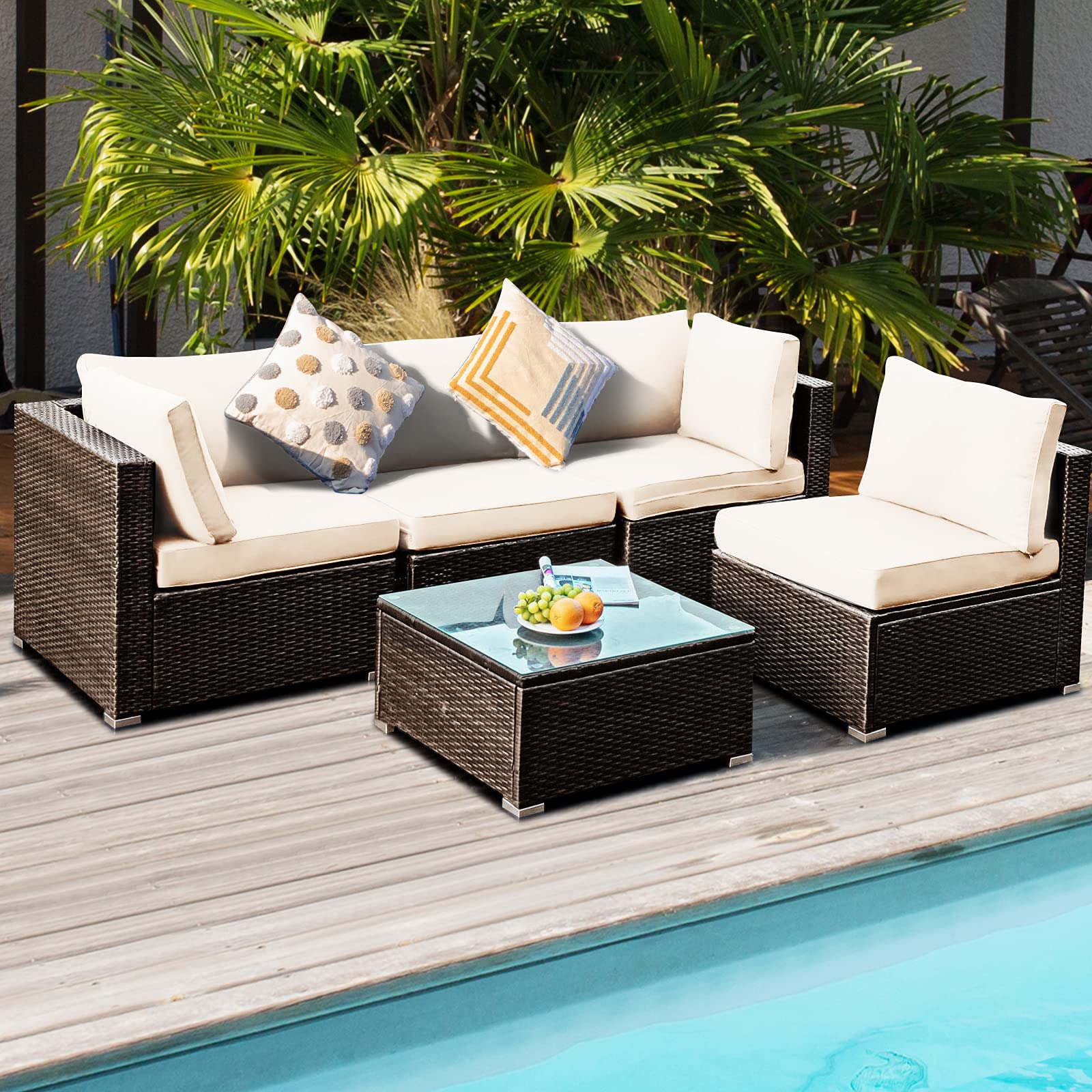 HAPPYGRILL 5-Piece Outdoor Patio Furniture Set - Rattan Wicker Sectional Sofa with Coffee Table & Cushions - Perfect for Backyard, Porch, Garden, and Poolside Relaxation