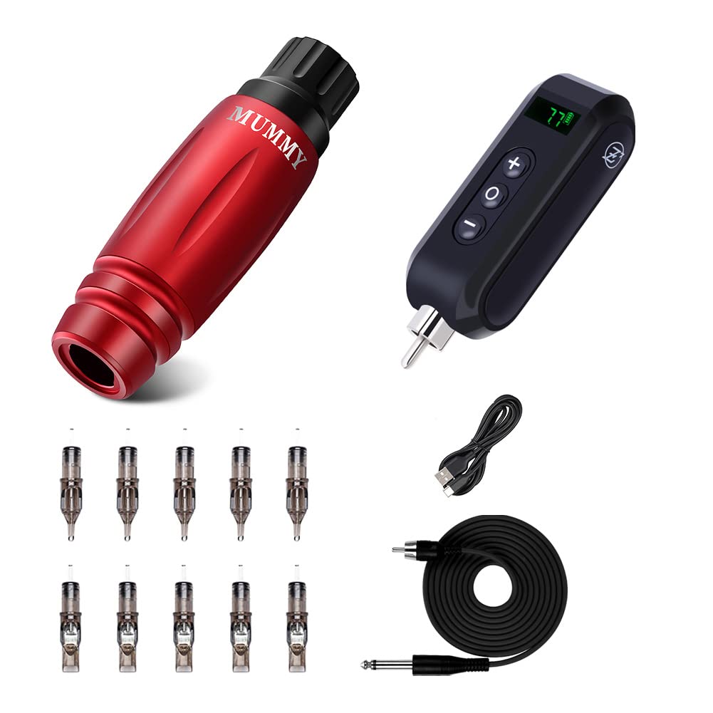 Professional Mummy Tattoo Machine Pen Kit with Power Supply & Battery - 10pcs Tattoo Cartridge Needles (Red) - Perfect for Tattoo Artists & Beginners, Home & Studio Use
