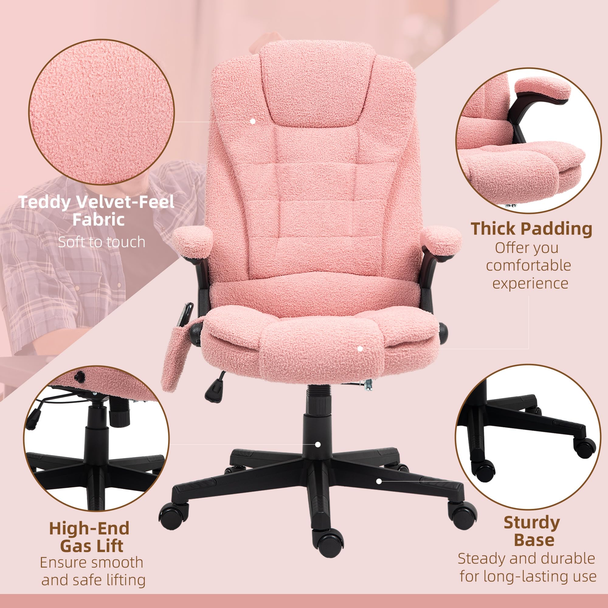 HOMCOM 6-Point Vibrating Massage Office Chair with Heating - Velvet High Back Executive Chair, Reclining Backrest, Padded Armrests & Remote Control (Pink) - Perfect for Home Office, Gaming & Relaxation