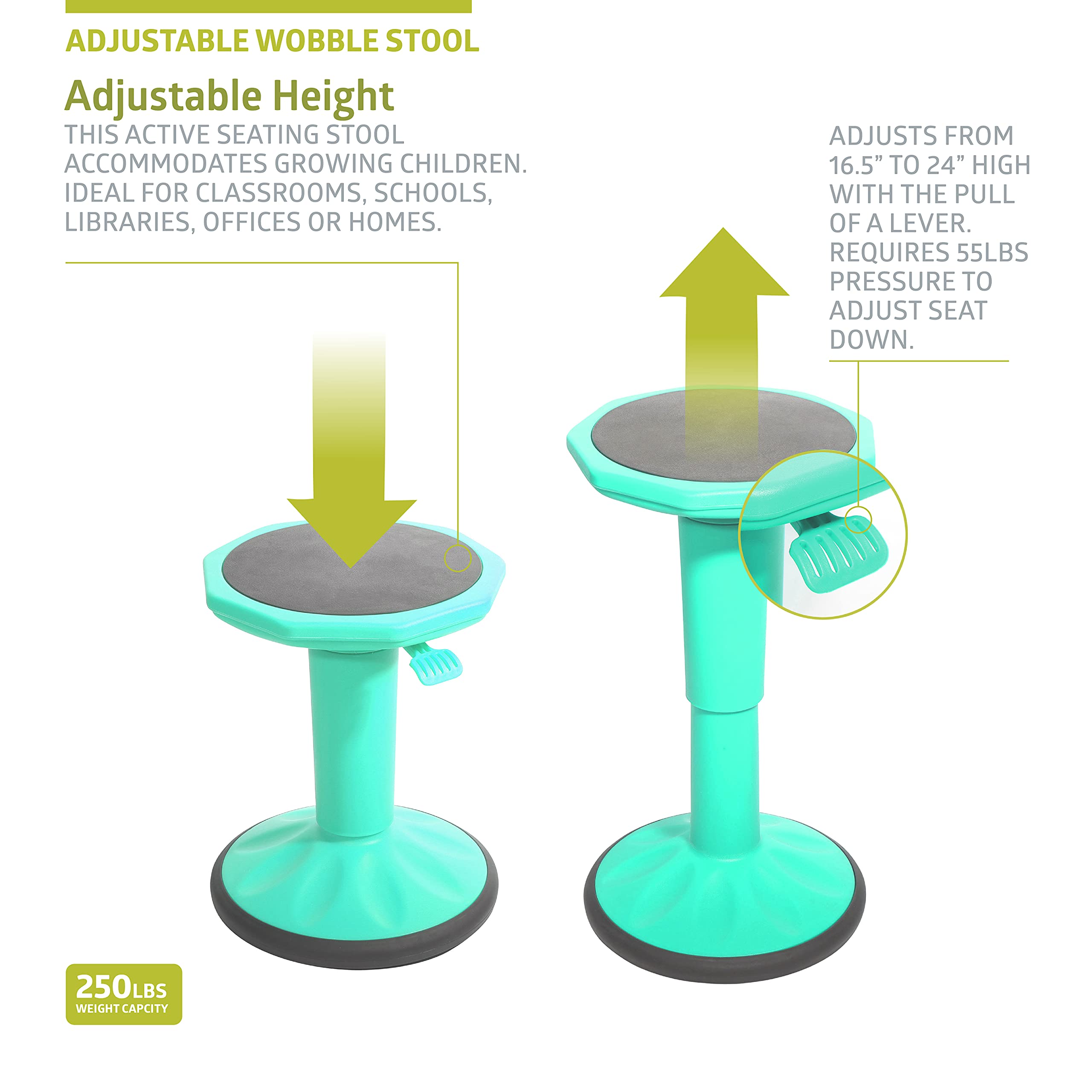 Pearington SitFree Height Adjustable Wobble Stool - Ergonomic Active Seating Chair for Kids & Adults - Perfect for School, Office & Home Use - Teal Blue Flexible Stool for Better Posture & Focus
