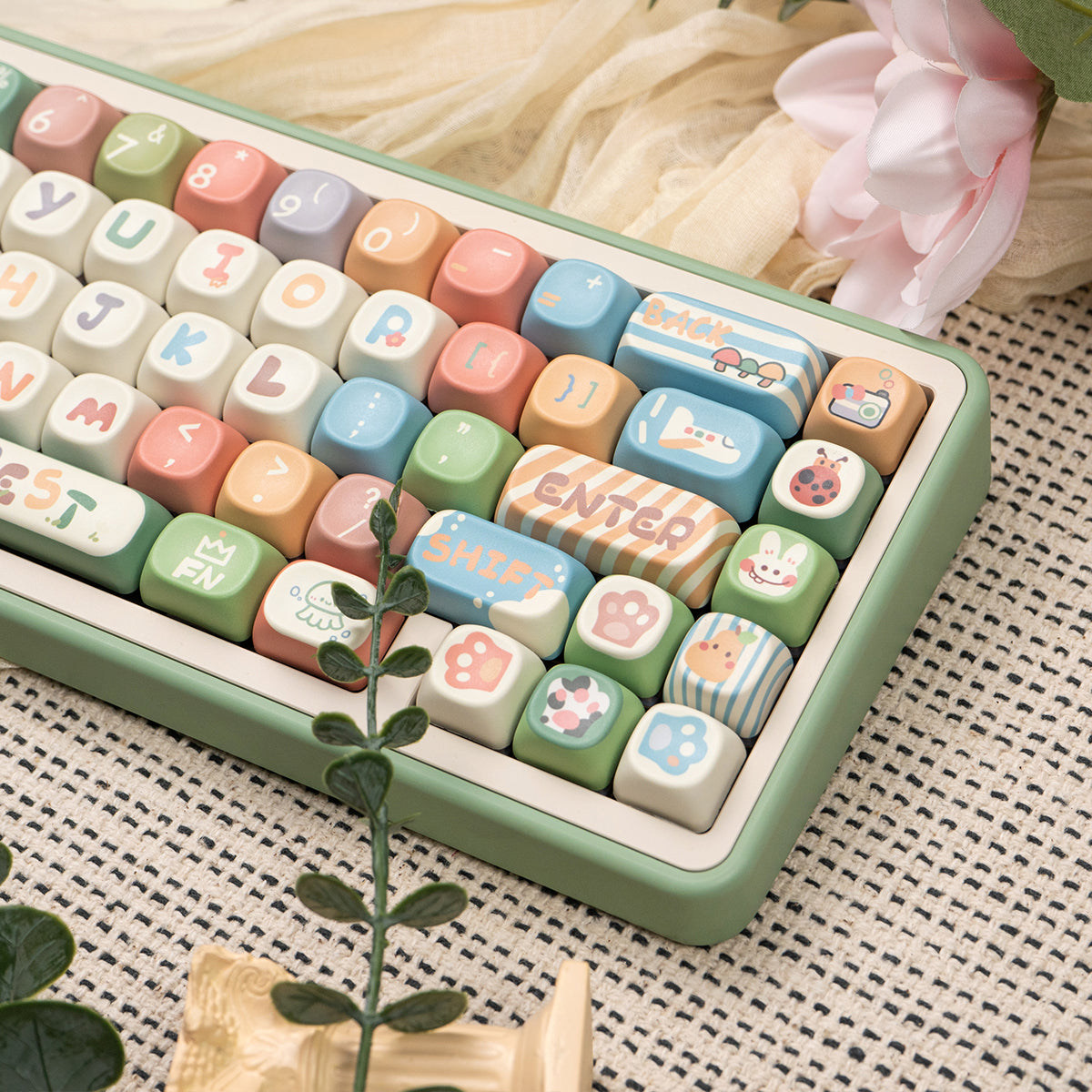 MOA Little Forest Magnetic Axis Mechanical Keyboard Keycaps - Cute Cartoon PBT Heat Sublimation Keycap Set for Gaming & Typing (Perfect for Office, Home & Gaming Setup)