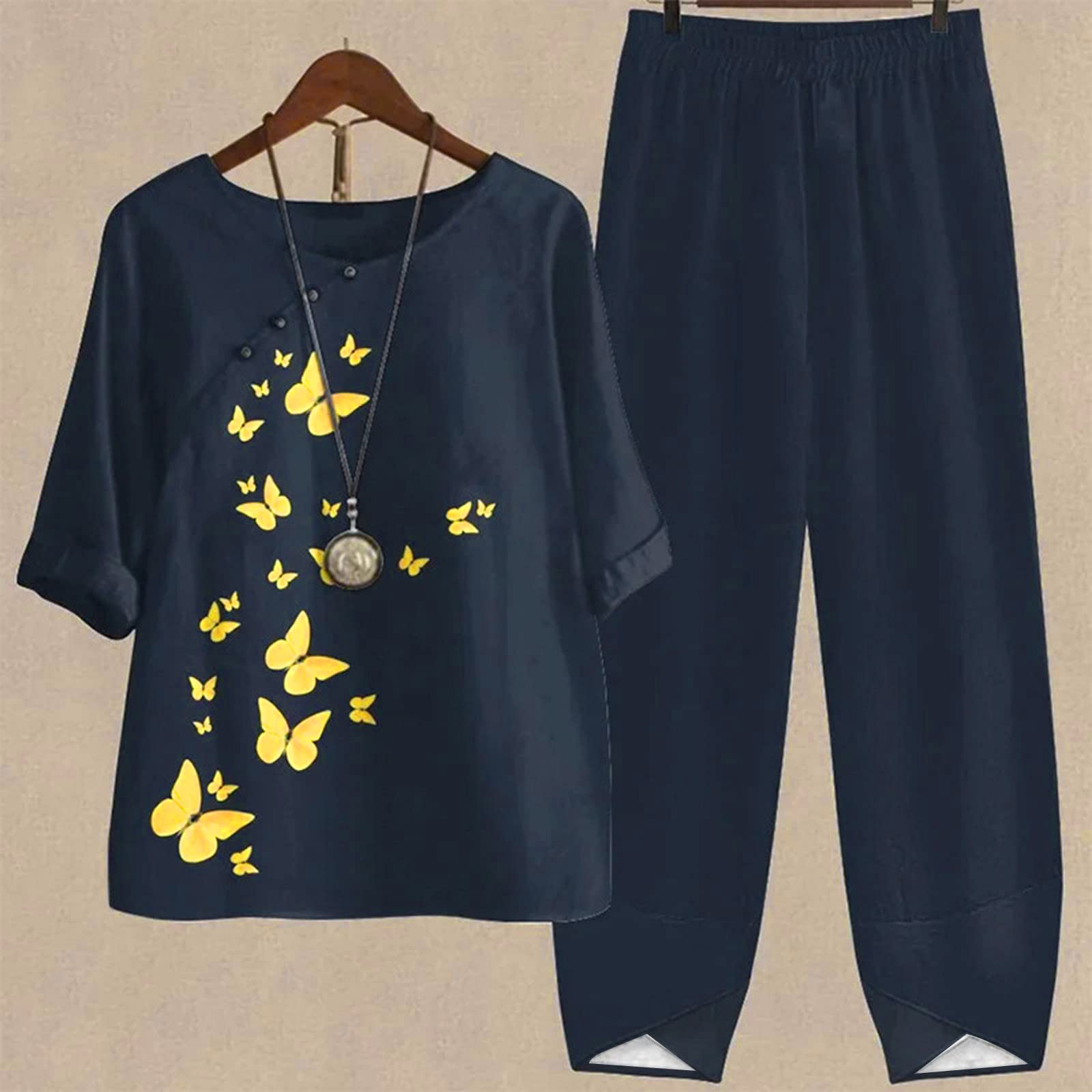 Women's Summer Linen Outfits - 2 Piece Lounge Set with Half Sleeve T-Shirt & Cotton Linen Pants - Plus Size Vacation Wear for Beach, Travel & Casual Comfort
