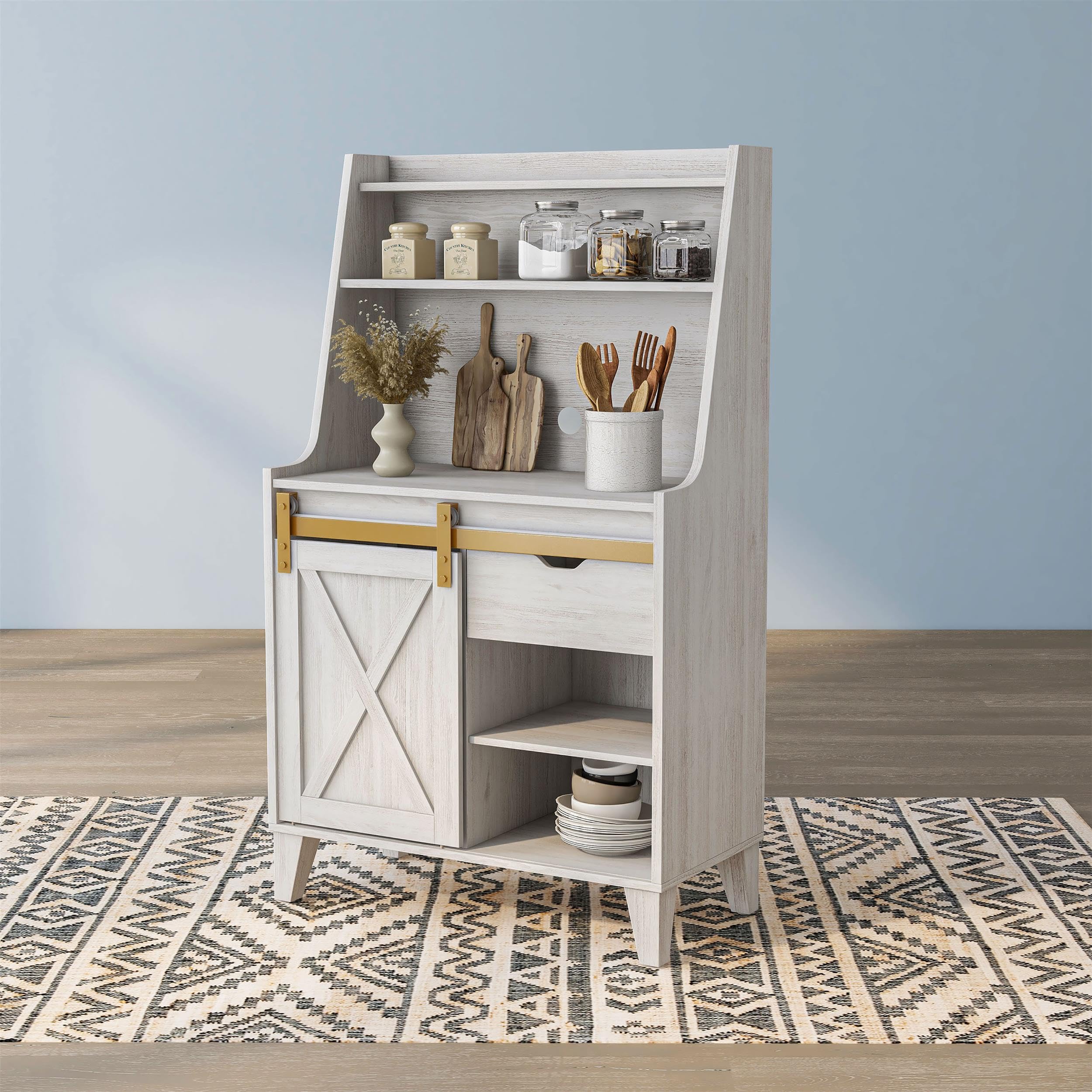 Furniture of America White Oak Baker Rack with Sliding Door - Solid Birch Wood Kitchen Storage Shelf for Pantry, Dining Room & Home Organization