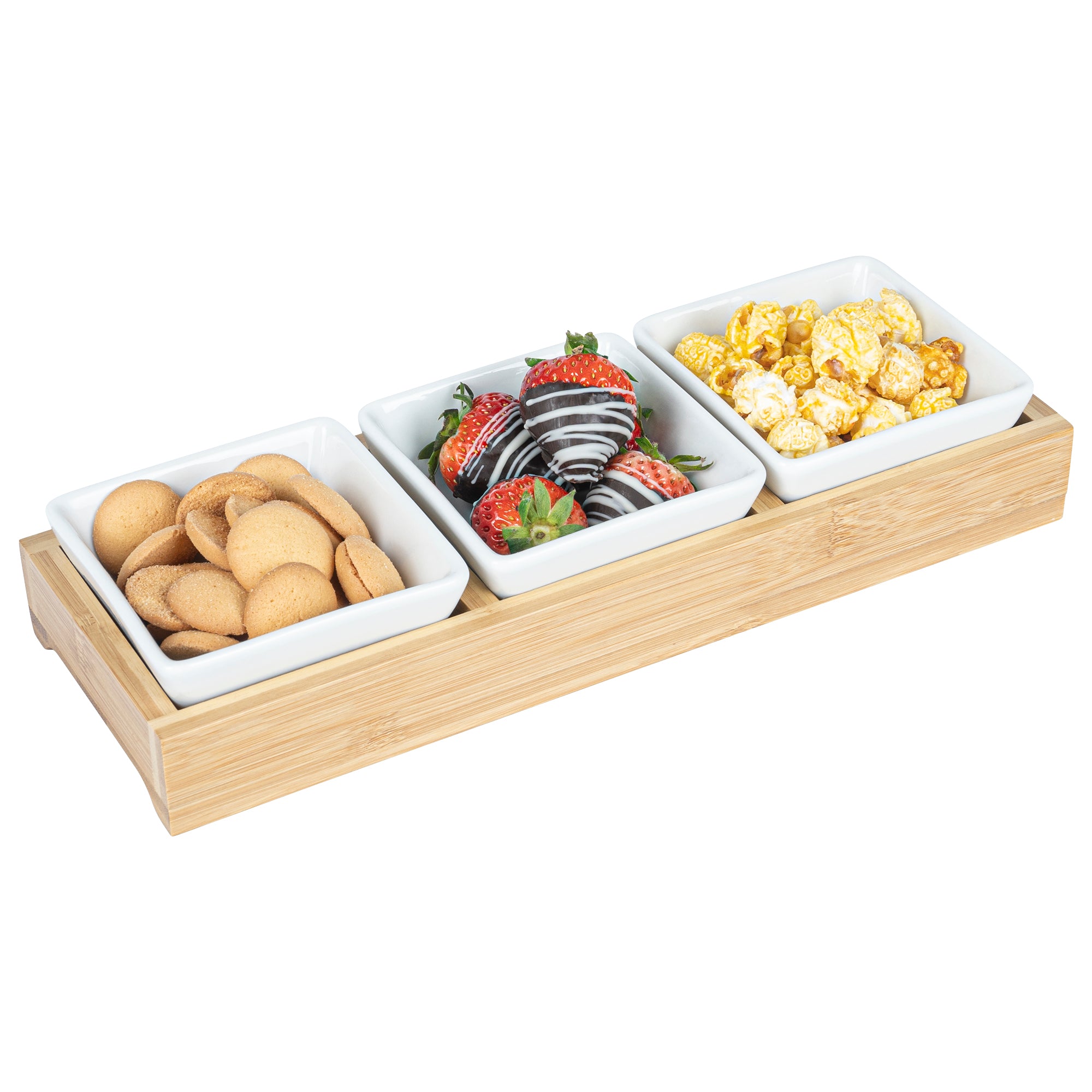 Premium 6 oz White Porcelain Modern Bowl Set with Bamboo Tray - 3 Rectangle Bowls (11.75