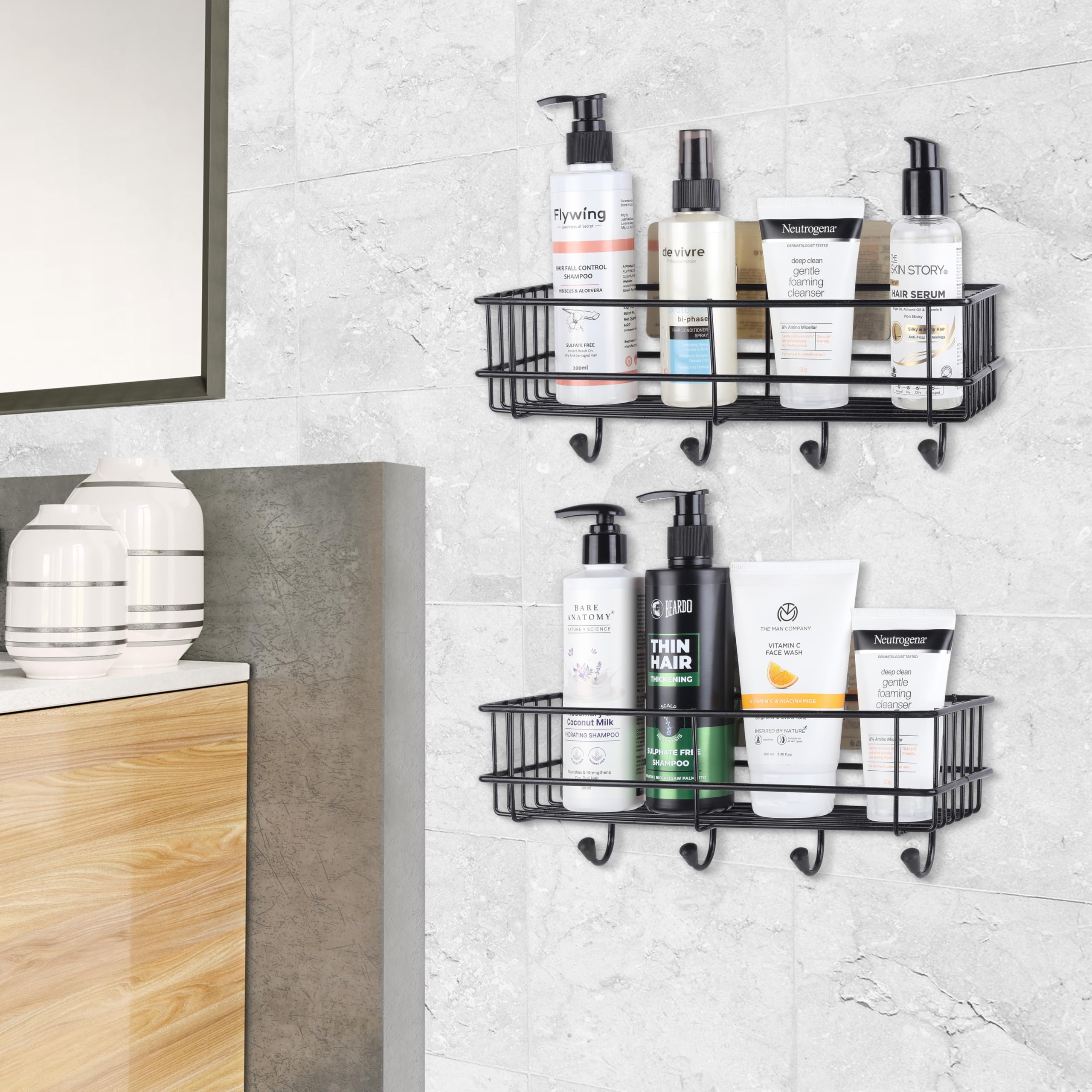 WolChen Adhesive Shampoo & Soap Holder Shelf - Wall Mount Bathroom & Kitchen Storage Organizer, Black Mild Steel - Perfect for Small Spaces, Showers, and Closet Organization