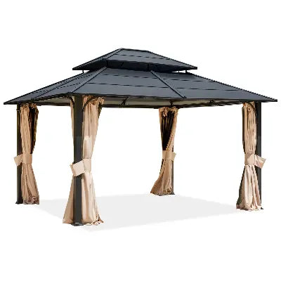 EROMMY 12' x 14' Hardtop Gazebo with Double Roof, Curtains & Netting - Rust-Resistant Outdoor Canopy for Patio, Garden, and Backyard Parties