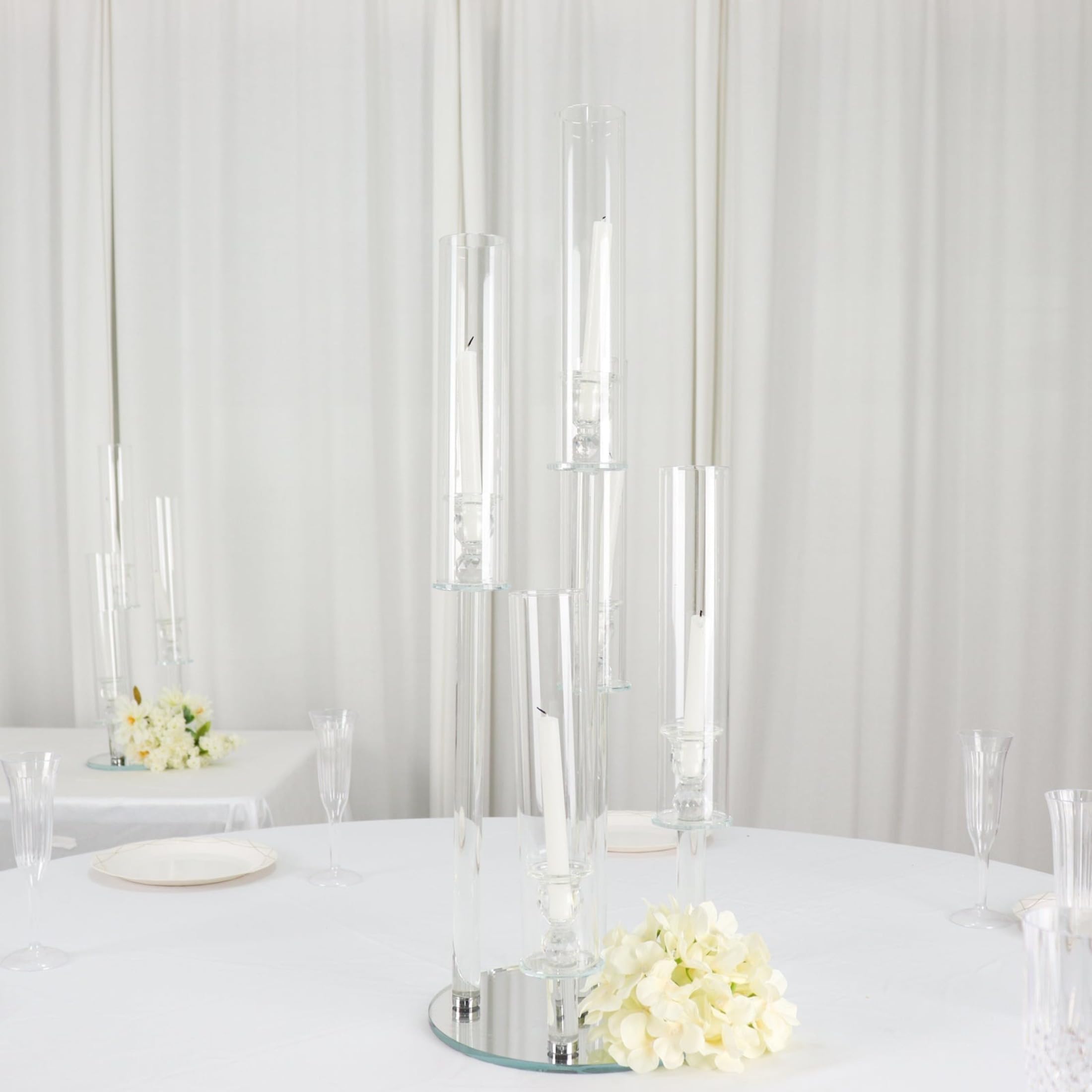 32 Inch Clear 5-Arm Round Crystal Glass Candelabra Taper Candle Holder - Elegant Wedding Centerpiece, Party Reception Decor, Home Dining Table Decoration for Romantic Ambiance & Special Occasions