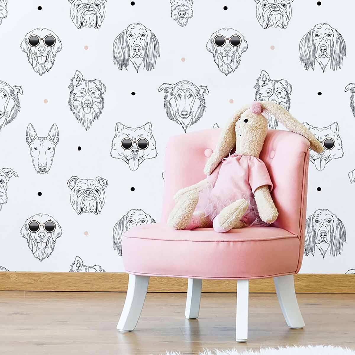 Black and White Dog Pattern Peel and Stick Removable Wallpaper - Self-Adhesive Pet Theme Wall Decal for Nursery, Bedroom, or Living Room Decor