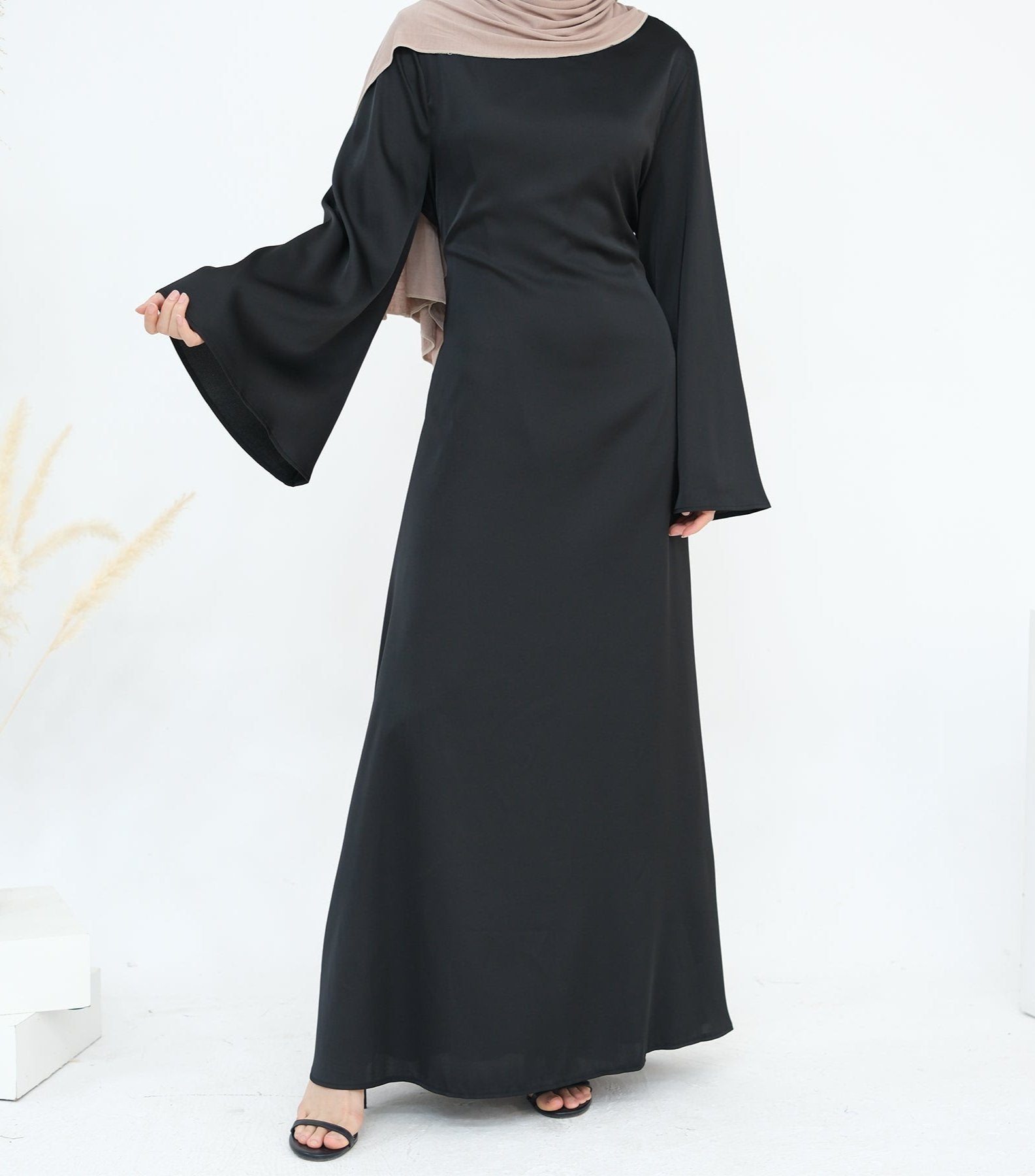 Elegant Calista Trumpet Sleeves Satin Dress in Black - Perfect for Evening Parties, Weddings & Special Occasions