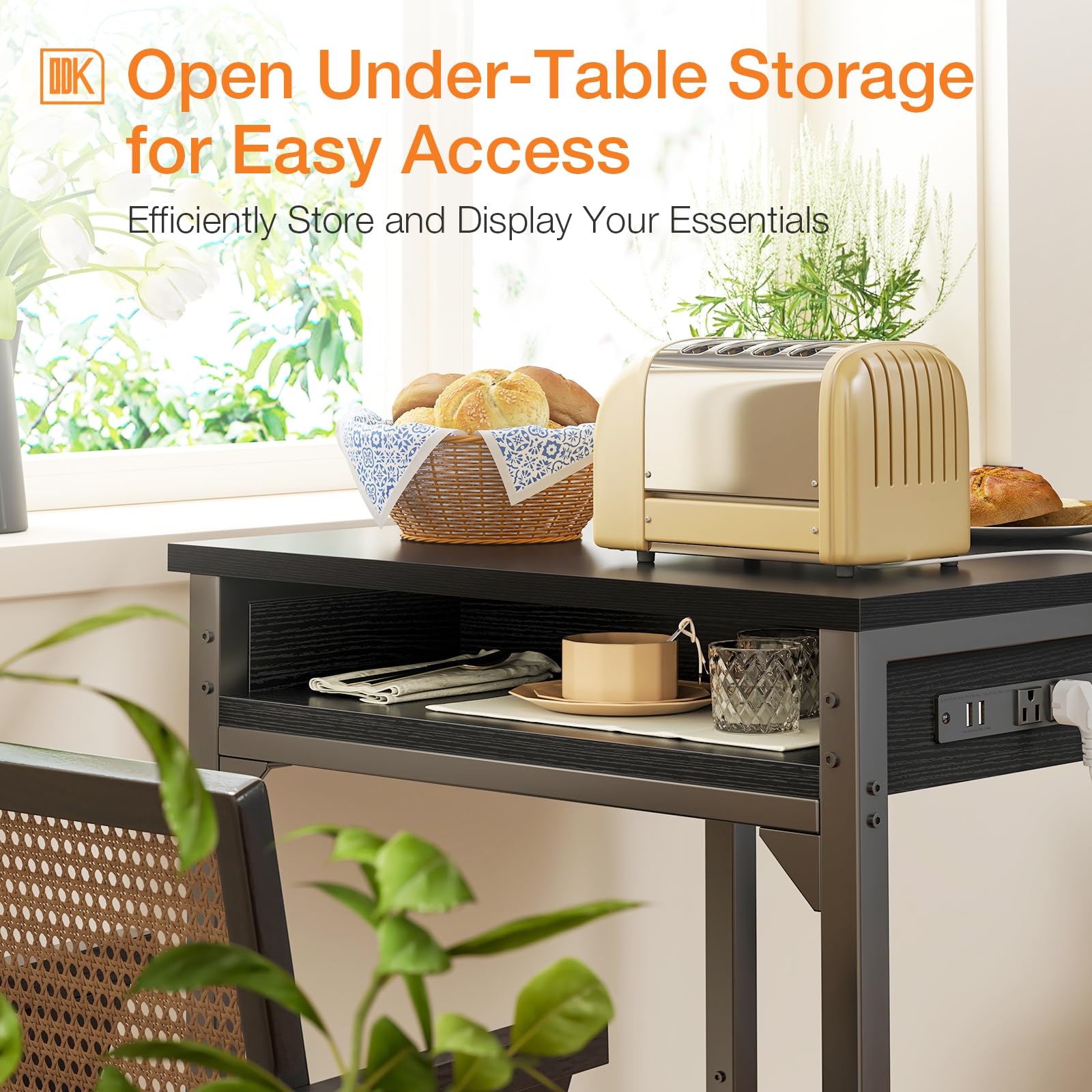 24x24 Inch Modern Bar Table with Power Outlets & Storage - Counter Height Pub Table with Sturdy Metal Legs - Black Kitchen & Dining High Top Table for Home, Restaurant, Bar or Office Use