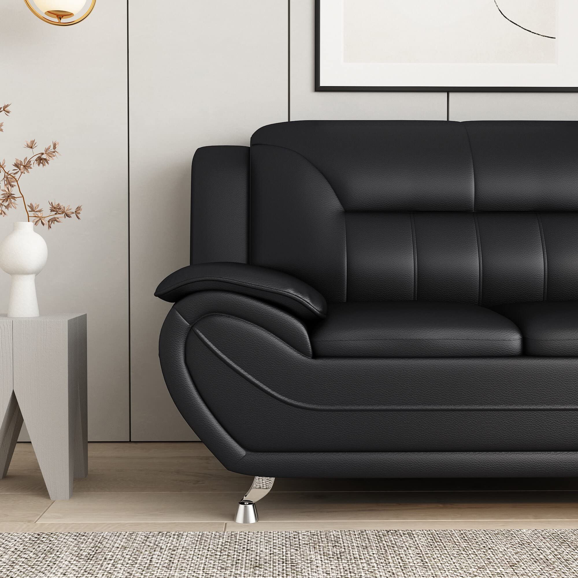Michael Modern Faux Leather Loveseat with Stainless Steel Legs - Midnight Black | Comfortable Small Sofa for Living Room, Apartment & Office Waiting Area