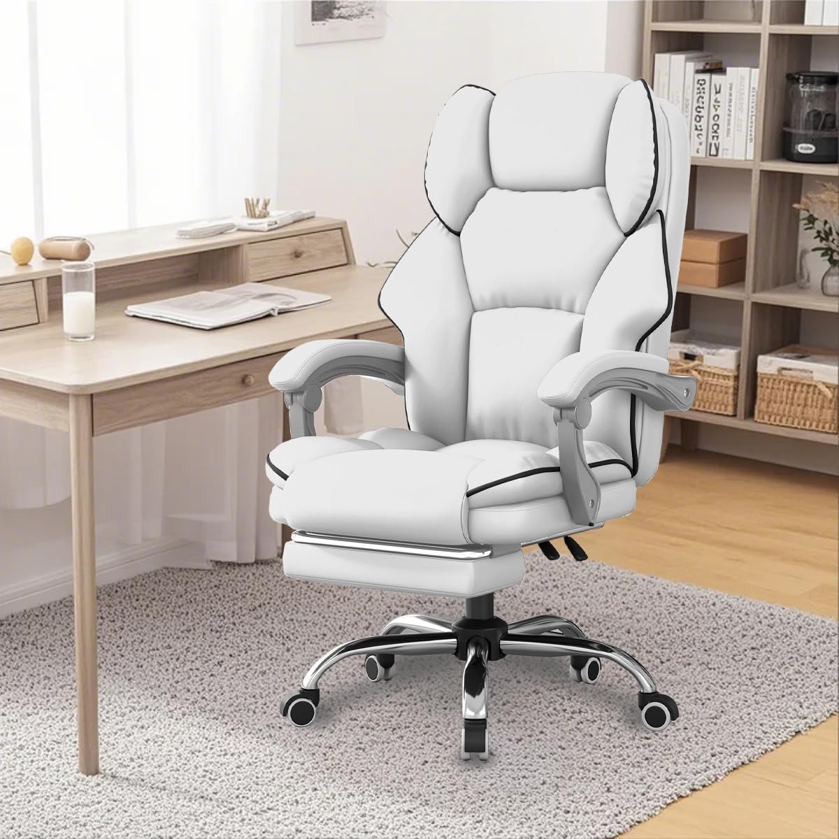 Ergonomic High Back Office Chair with Foot Rest & Wheels - Reclining Executive Desk Chair for Gaming, Work & Home Office - Comfortable Leather Computer Chair for Long Hours Sitting
