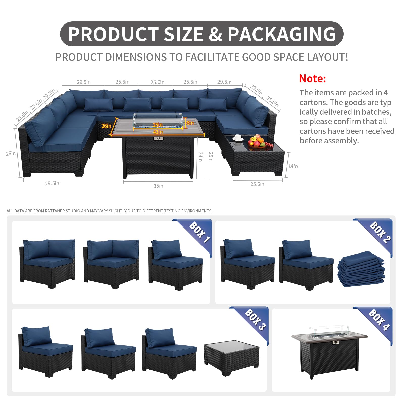 Rattaner 10-Piece All-Weather Wicker Patio Furniture Set with Steel Fire Pit Table, Glass Coffee Table & Non-Slip Cushions - Navy Blue Outdoor Sectional Sofa for Backyard, Poolside & Garden Relaxation